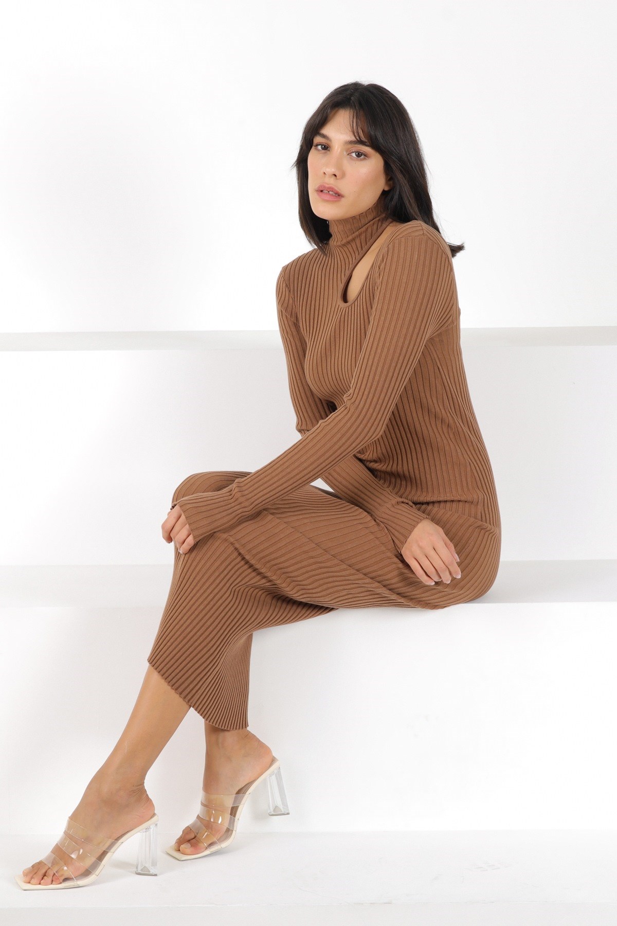 Ferraro Camel Uzun Kollu Kadın Triko Elbise