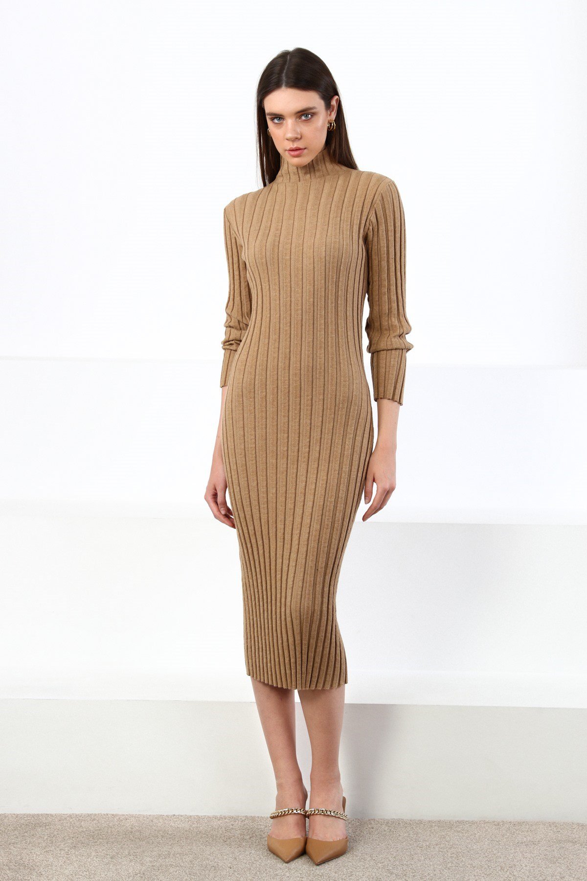 Ferraro Camel Yarım Balıkçı Fitilli Midi Boy Kaşmirli Kadın Triko Elbise