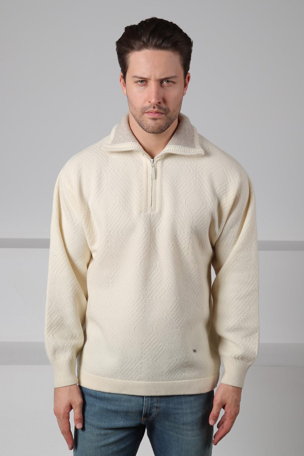 Ferraro Ekru Balıkçı Yaka Fermuarlı Kabartma Desenli Uzun Kollu %100 Kuzu Yünü Erkek Triko Kazak
