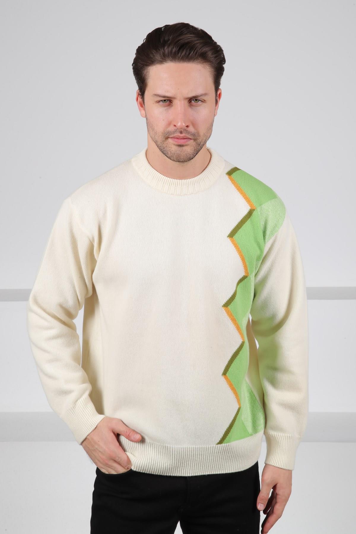 Ferraro Ekru Bisiklet Yaka Asimetrik Desenli Uzun Kollu %100 Kuzu Yünü Erkek Triko Kazak