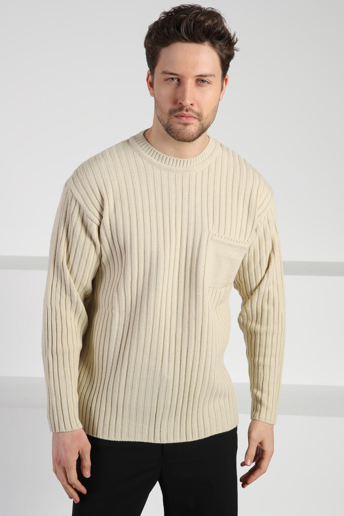 Ferraro Ekru Bisiklet Yaka Erkek Uzun Kollu Yünlü Triko Kazak