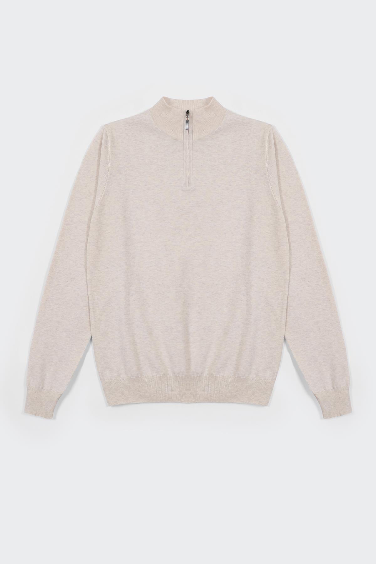 Ferraro Ekru Dik Yaka Düz Renk Pamuk Erkek Kazak