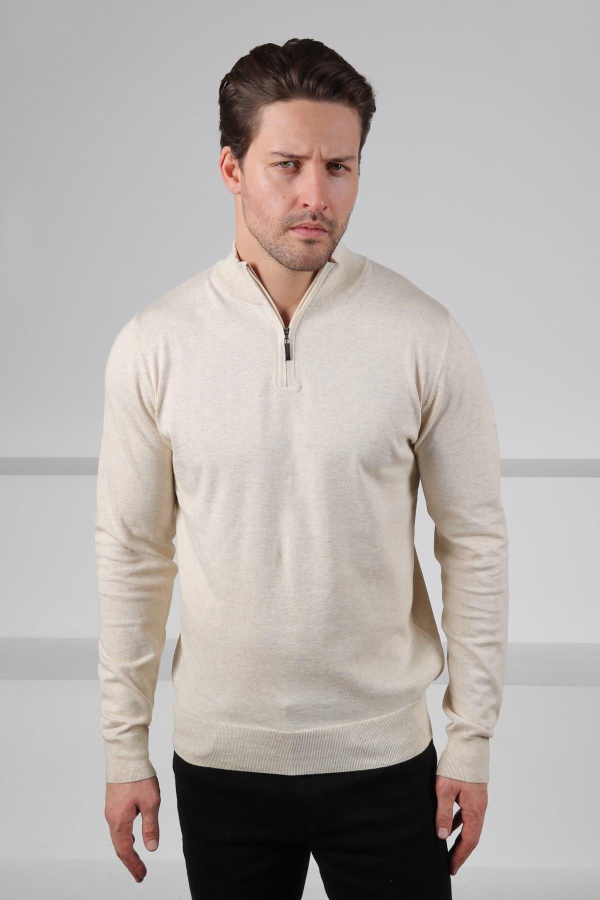 Ferraro Ekru Dik Yaka Düz Renk Pamuk Erkek Kazak