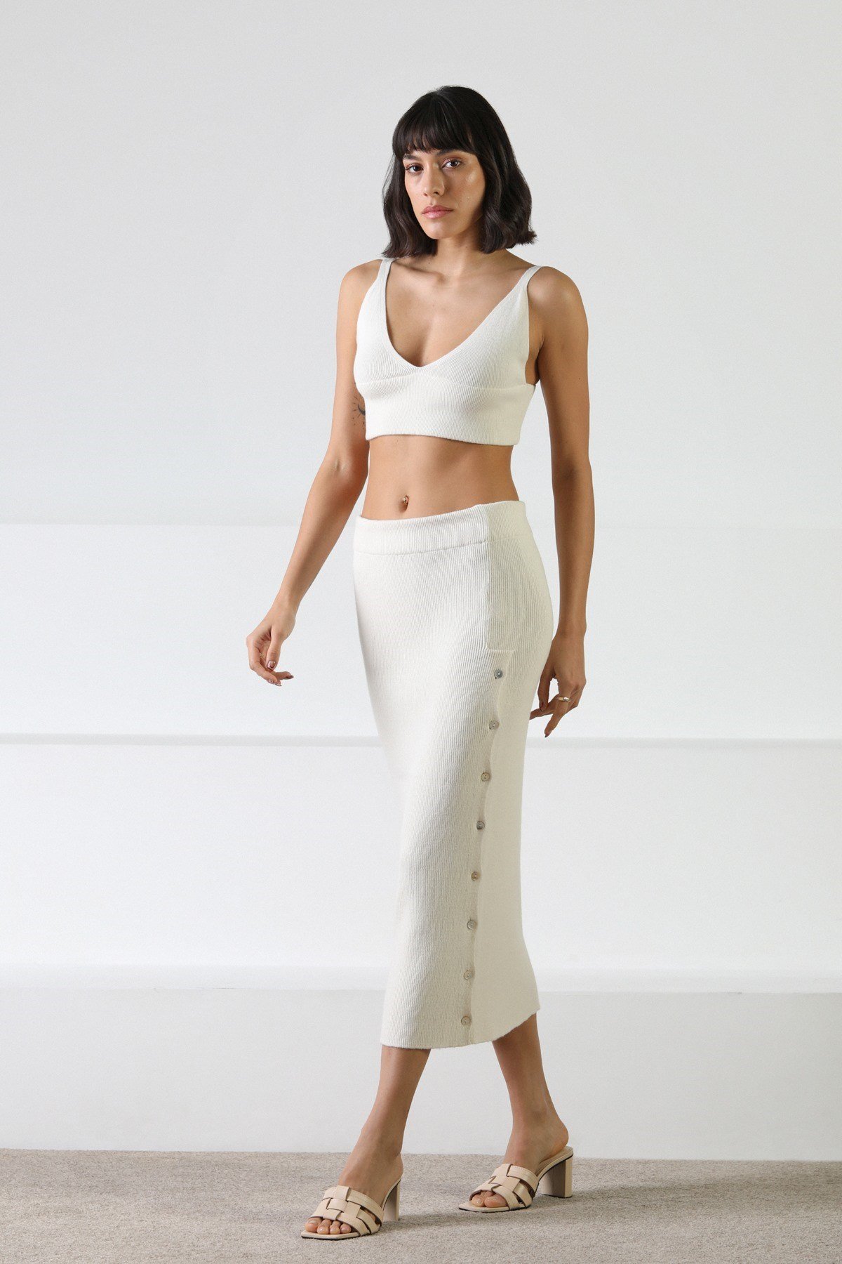 Ferraro Ekru Düğmeli Kaşmirli Kadın Triko Etek