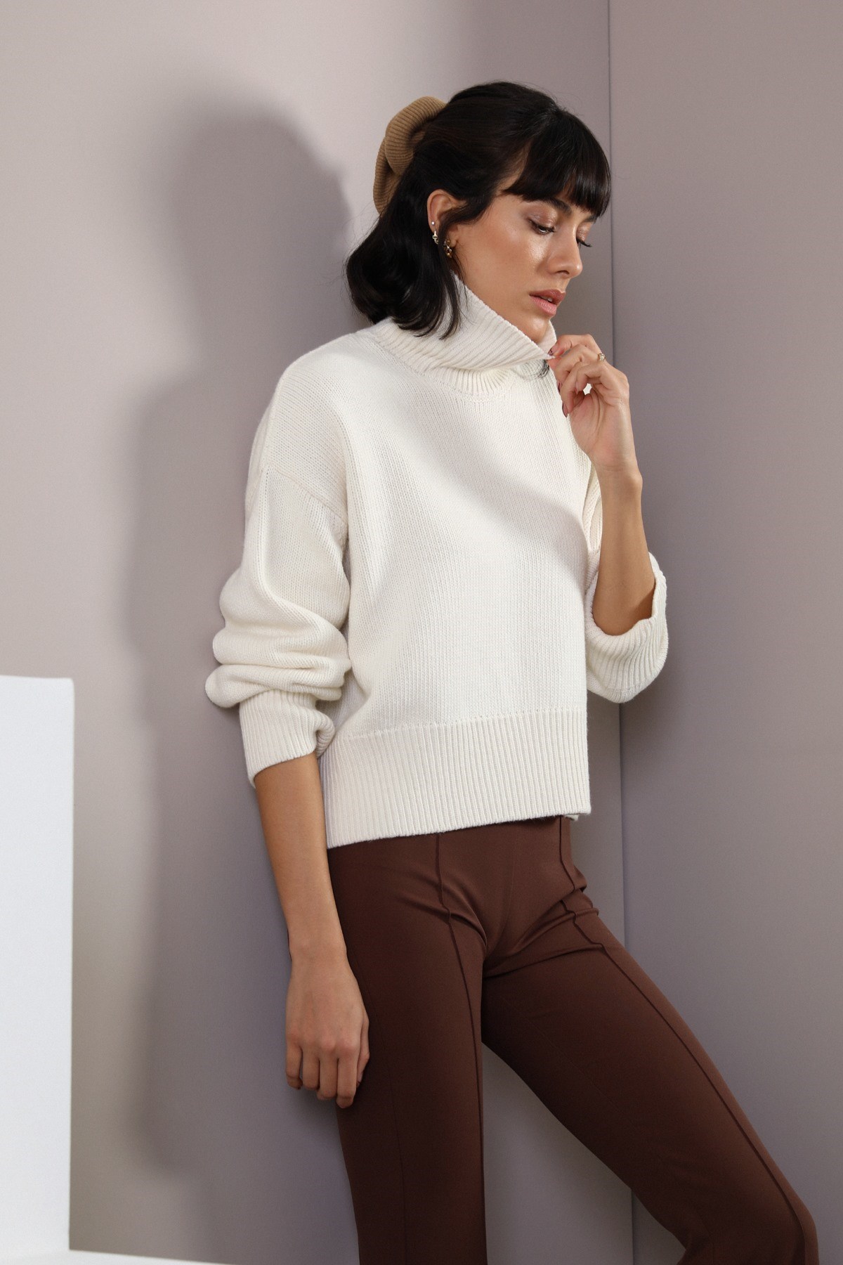 Ferraro Ekru Uzun Kollu Balıkçı Yaka Kaşmirli Kadın Triko Kazak