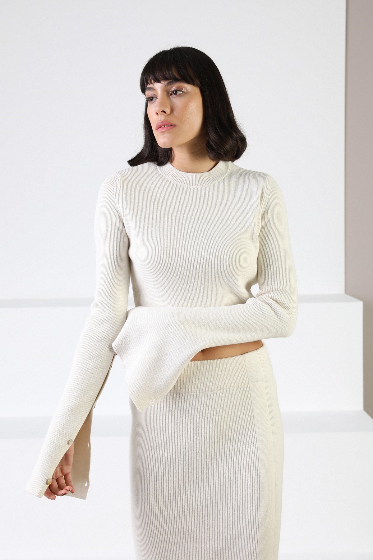 Ferraro Ekru Uzun Kollu Bisiklet Yaka Kaşmirli Kadın Triko Kazak