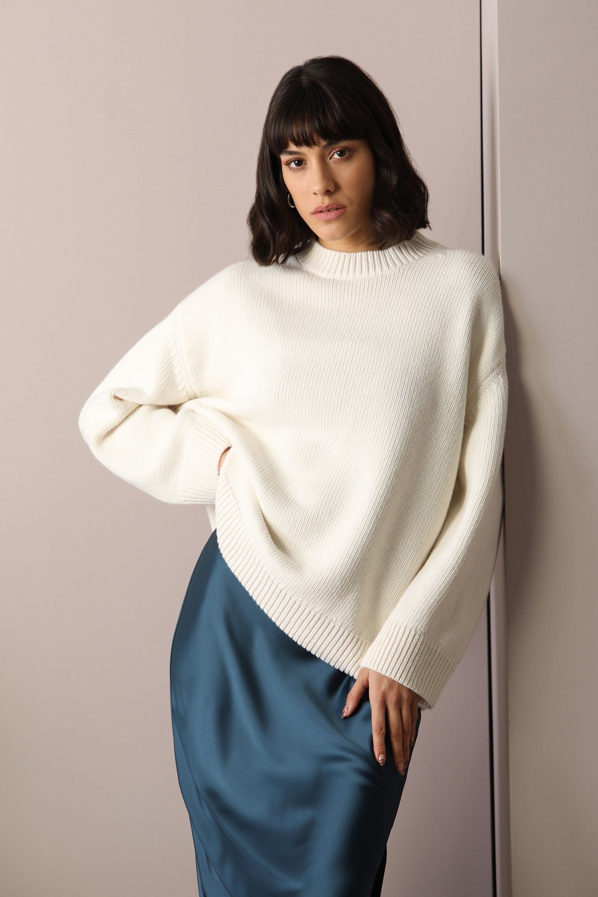 Ferraro Ekru Uzun Kollu Bisiklet Yaka Kaşmirli Kadın Triko Kazak