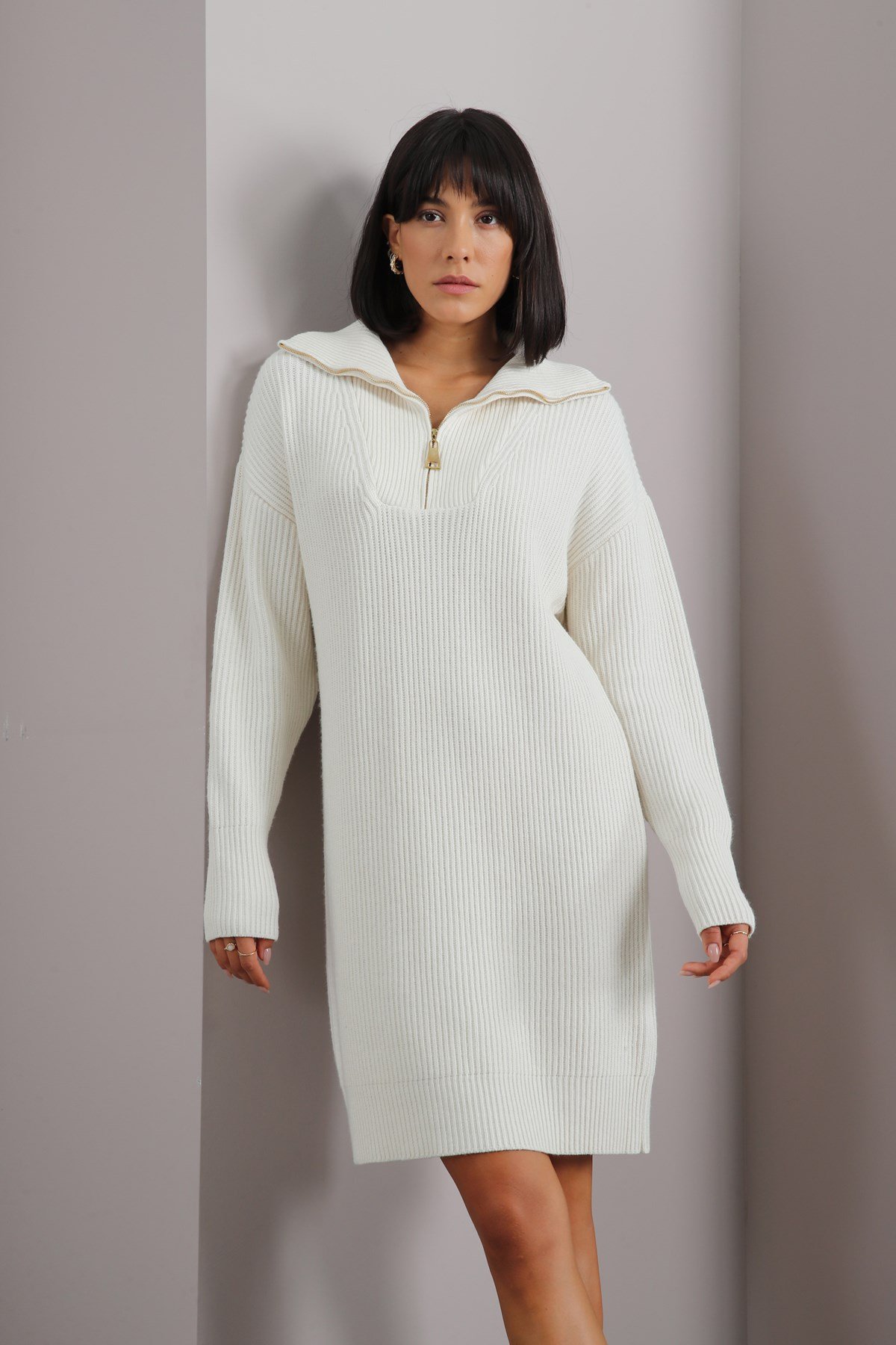 Ferraro Ekru Uzun Kollu Kaşmirli Kadın Triko Elbise