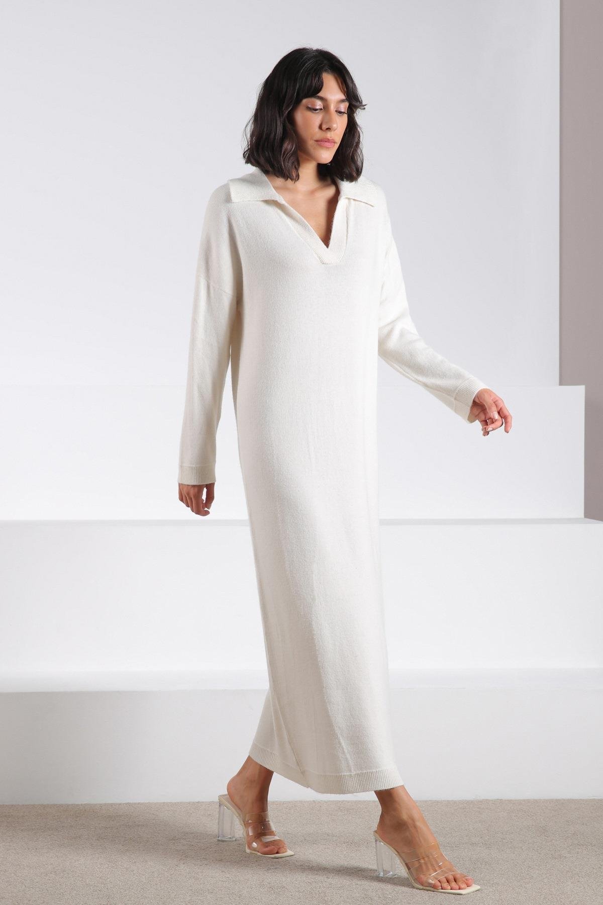 Ferraro Ekru Uzun Kollu Polo Yaka Kadın Triko Elbise