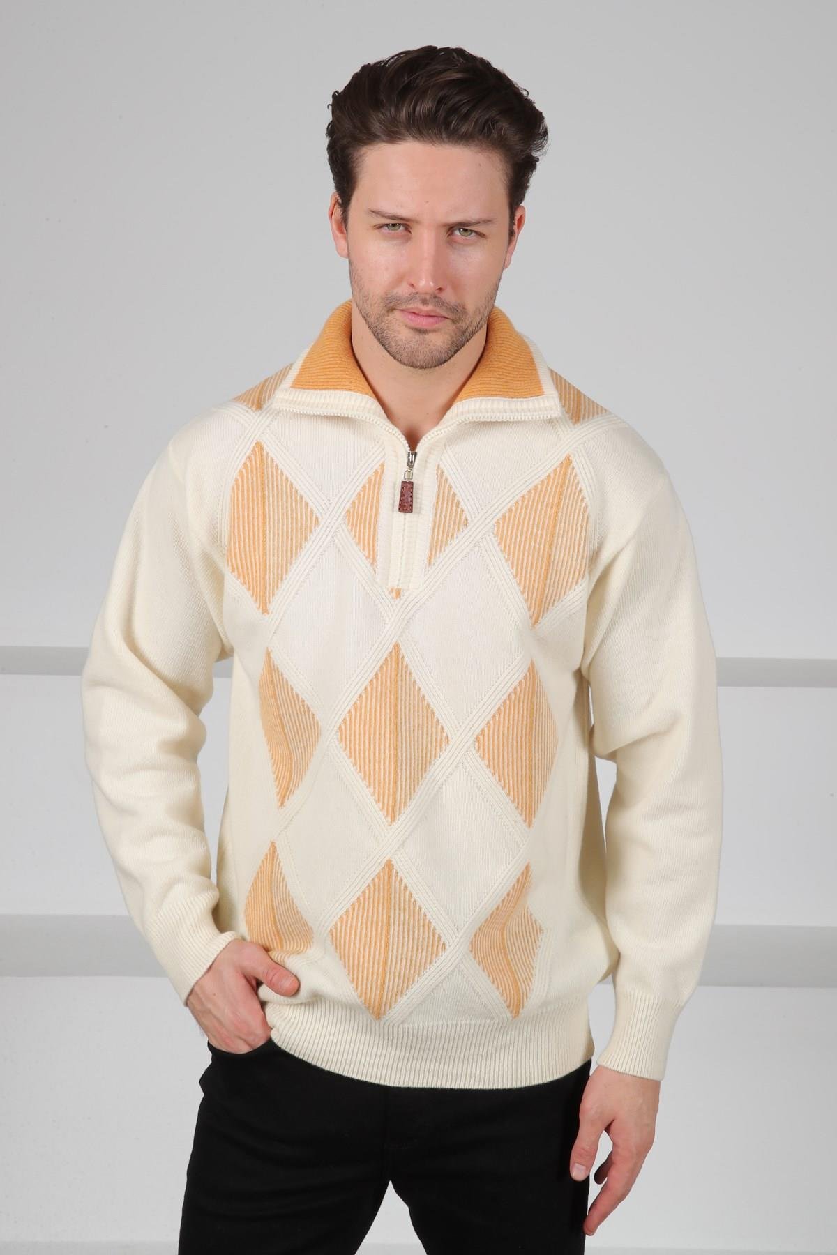 Ferraro Ekru/Hardal Balıkçı Yaka Fermuarlı Baklava Desenli Uzun Kollu %100 Kuzu Yünü Erkek Triko Kazak