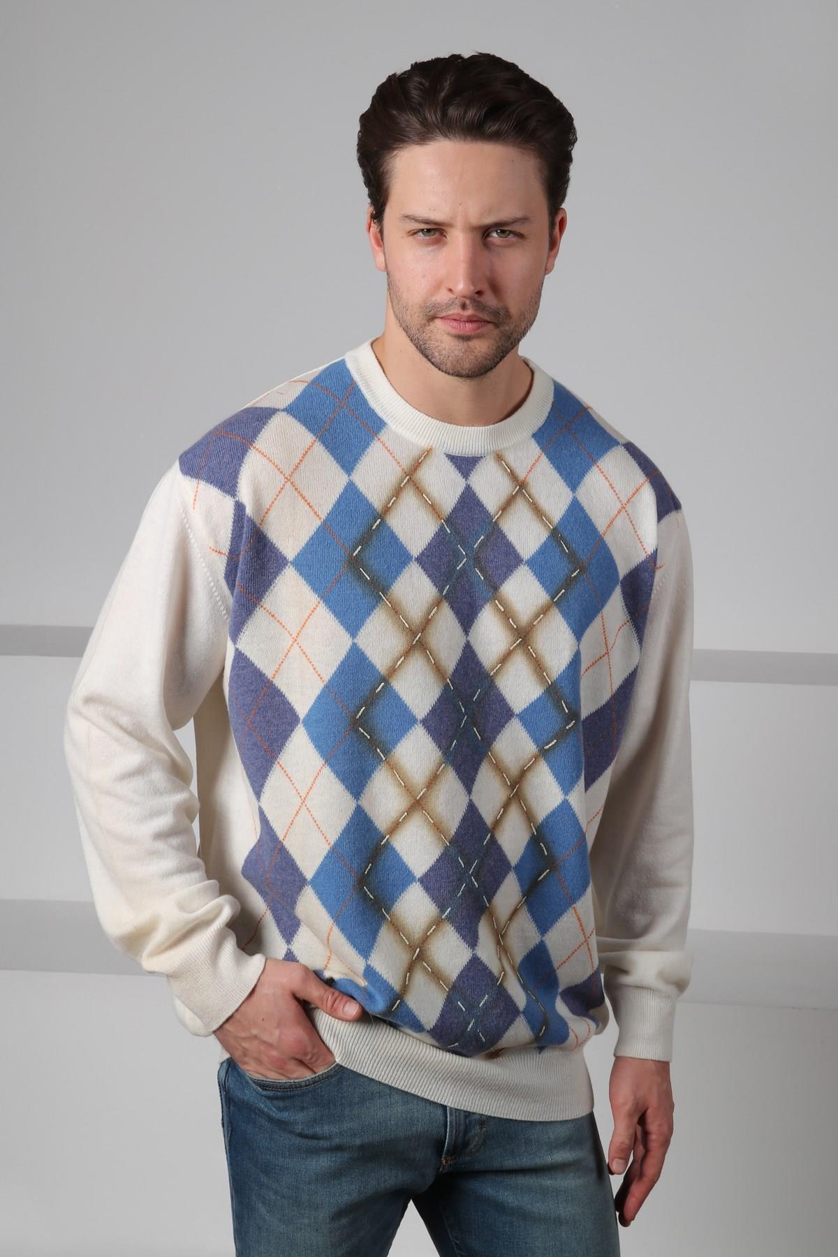 Ferraro Ekru/İndigo Bisiklet Yaka Baklava Desenli Uzun Kollu Yünlü Erkek Triko Kazak
