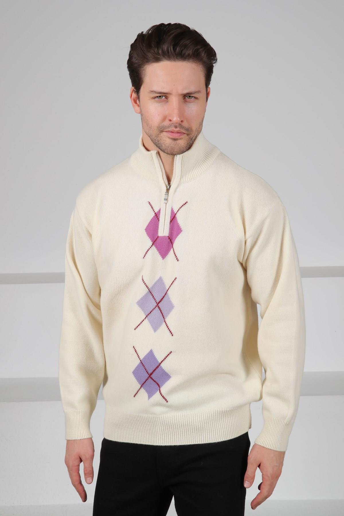 Ferraro Ekru/Lila Balıkçı Yaka Fermuarlı Pembe Lila Desenli Uzun Kollu %100 Kuzu Yünü Erkek Triko Kazak