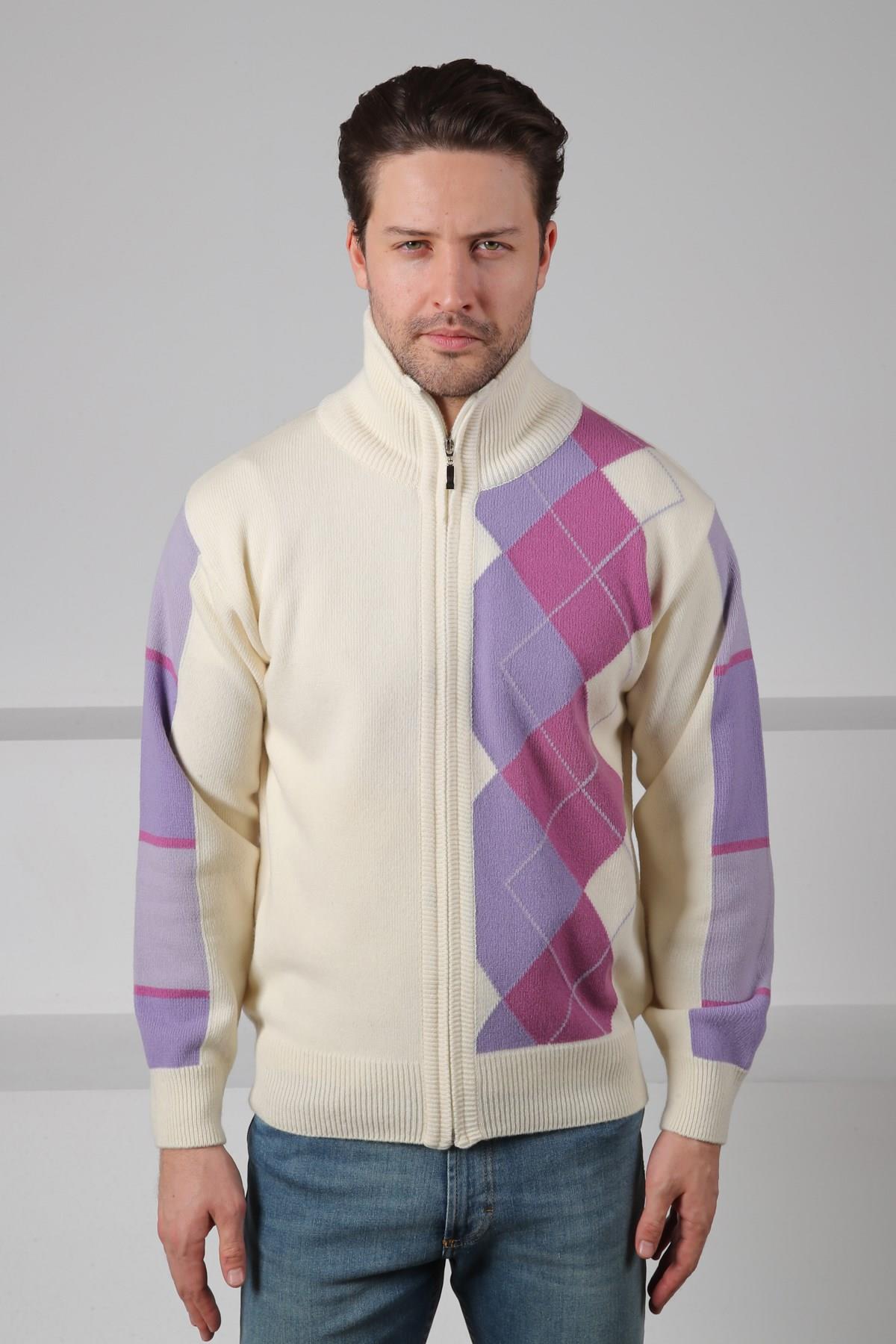 Ferraro Ekru/Lila Balıkçı Yaka Fermuarlı Diyagonal Desenli Uzun Kollu %100 Kuzu Yünü Erkek Triko Ceket