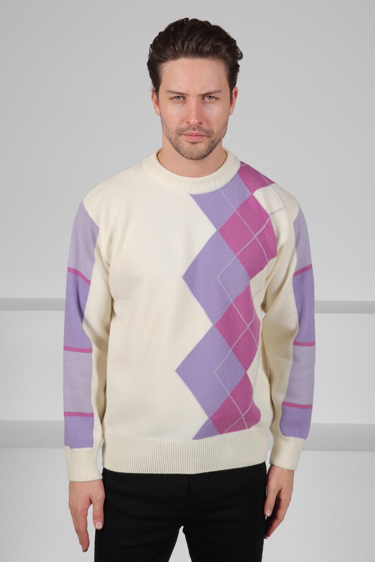 Ferraro Ekru/Lila Bisiklet Yaka Diyagonal Desenli Uzun Kollu %100 Kuzu Yünü Erkek Triko Kazak