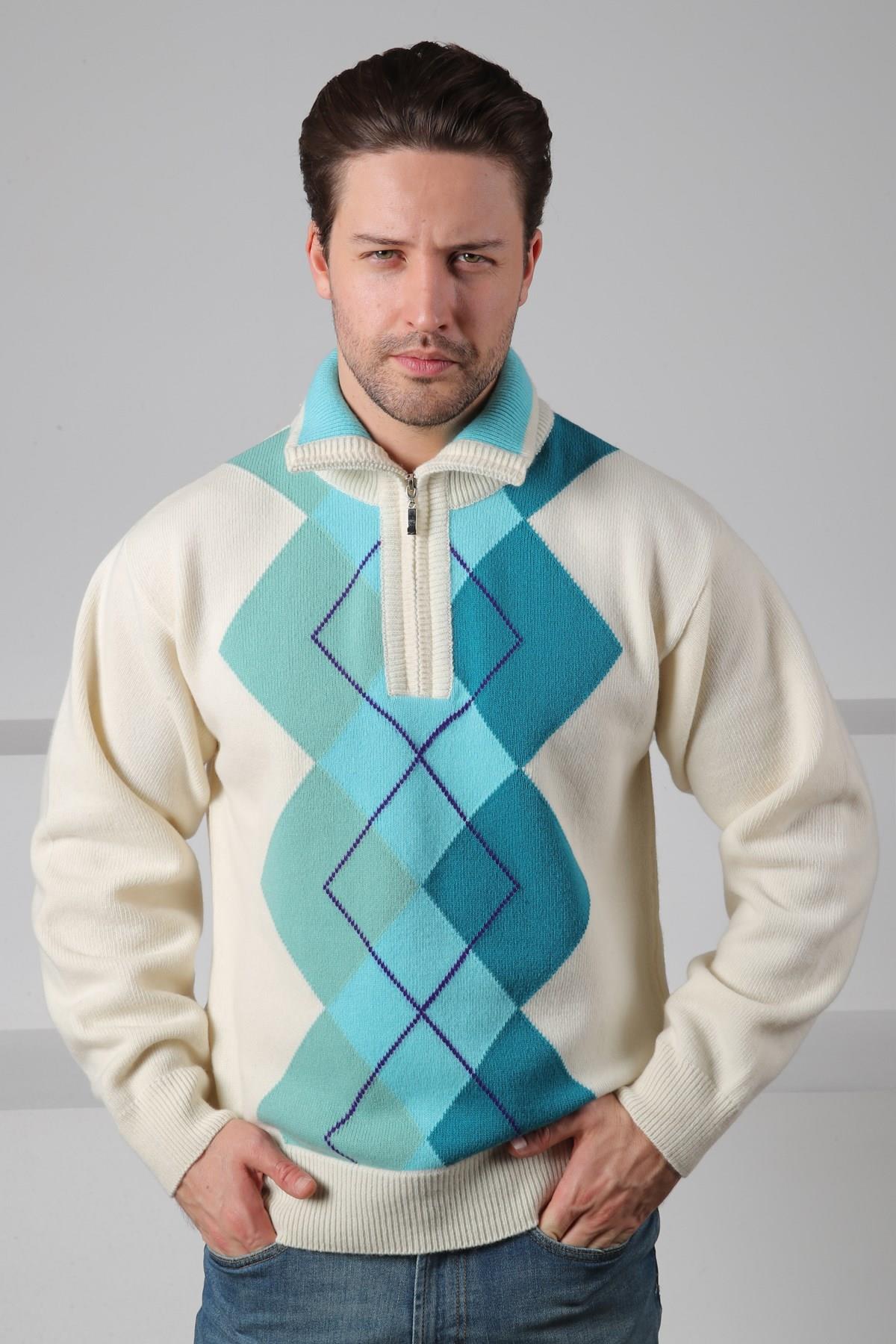 Ferraro Ekru/Turkuaz Balıkçı Yaka Fermuarlı Geometrik Zigzag Desenli Uzun Kollu %100 Kuzu Yünü Erkek Triko Kazak