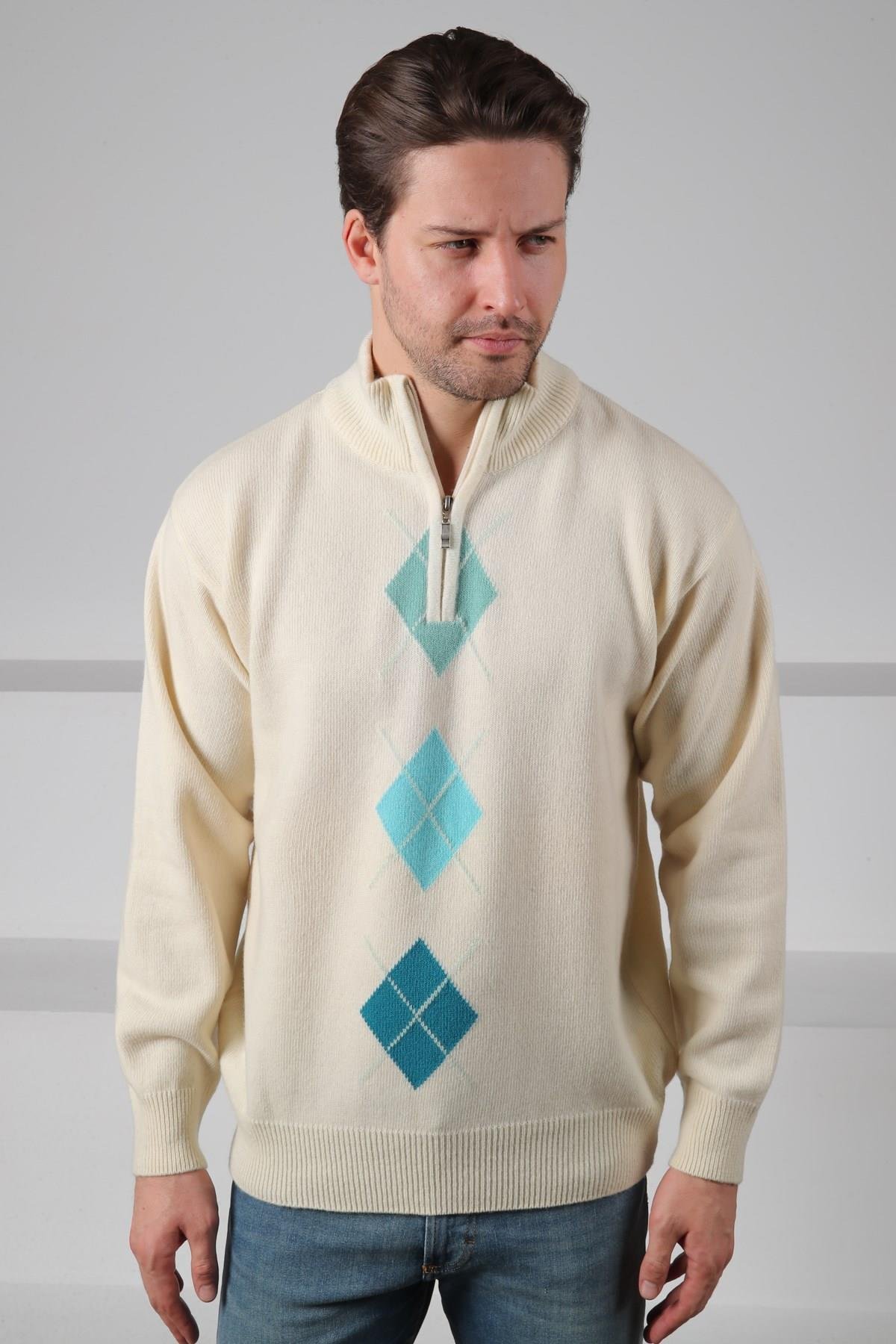 Ferraro Ekru/Turkuaz Balıkçı Yaka Fermuarlı Turkuaz Mint Yeşili Desenli Uzun Kollu %100 Kuzu Yünü Erkek Triko Kazak