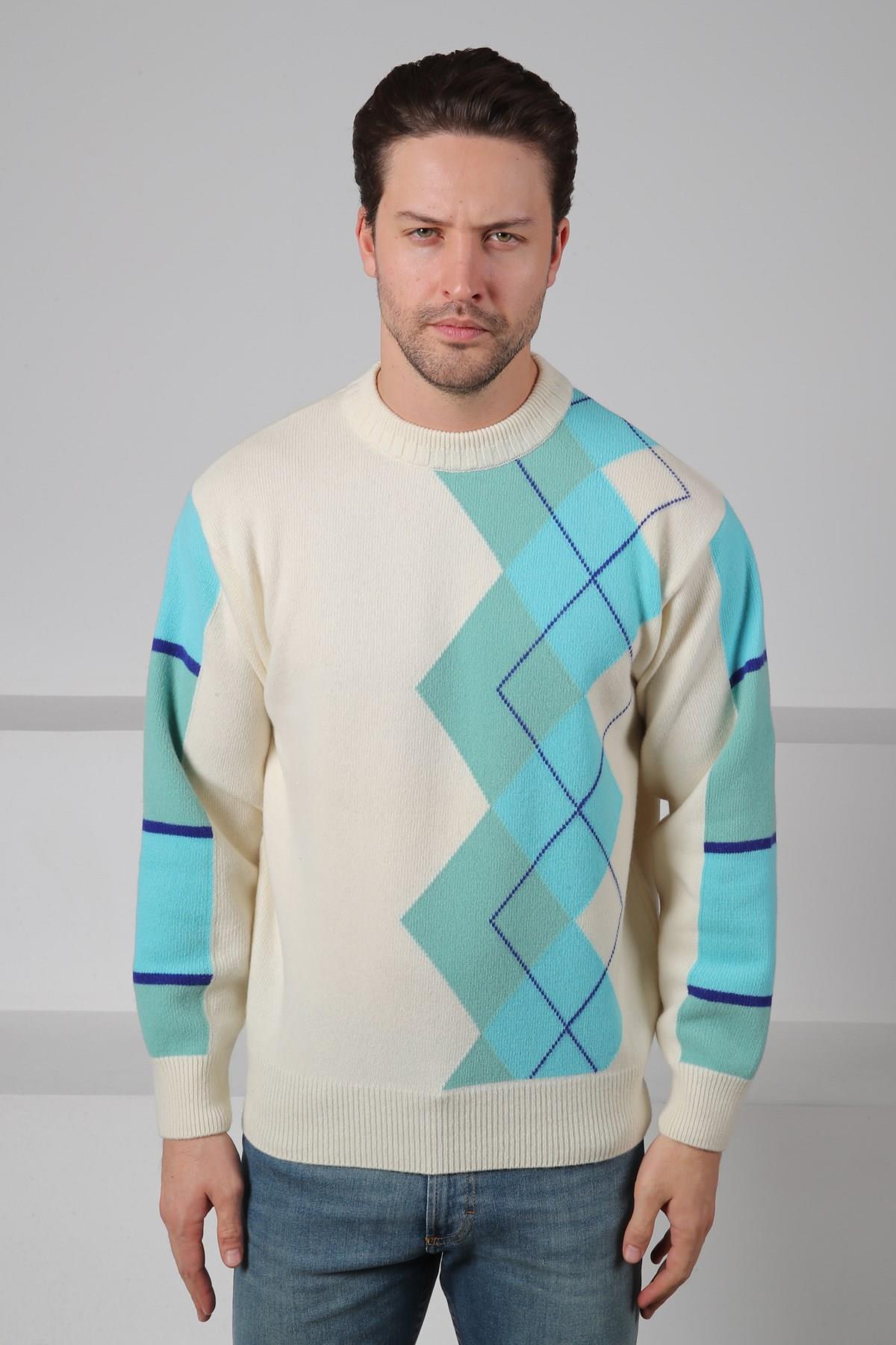 Ferraro Ekru/Turkuaz Bisiklet Yaka Diyagonal Desenli Uzun Kollu %100 Kuzu Yünü Erkek Triko Kazak