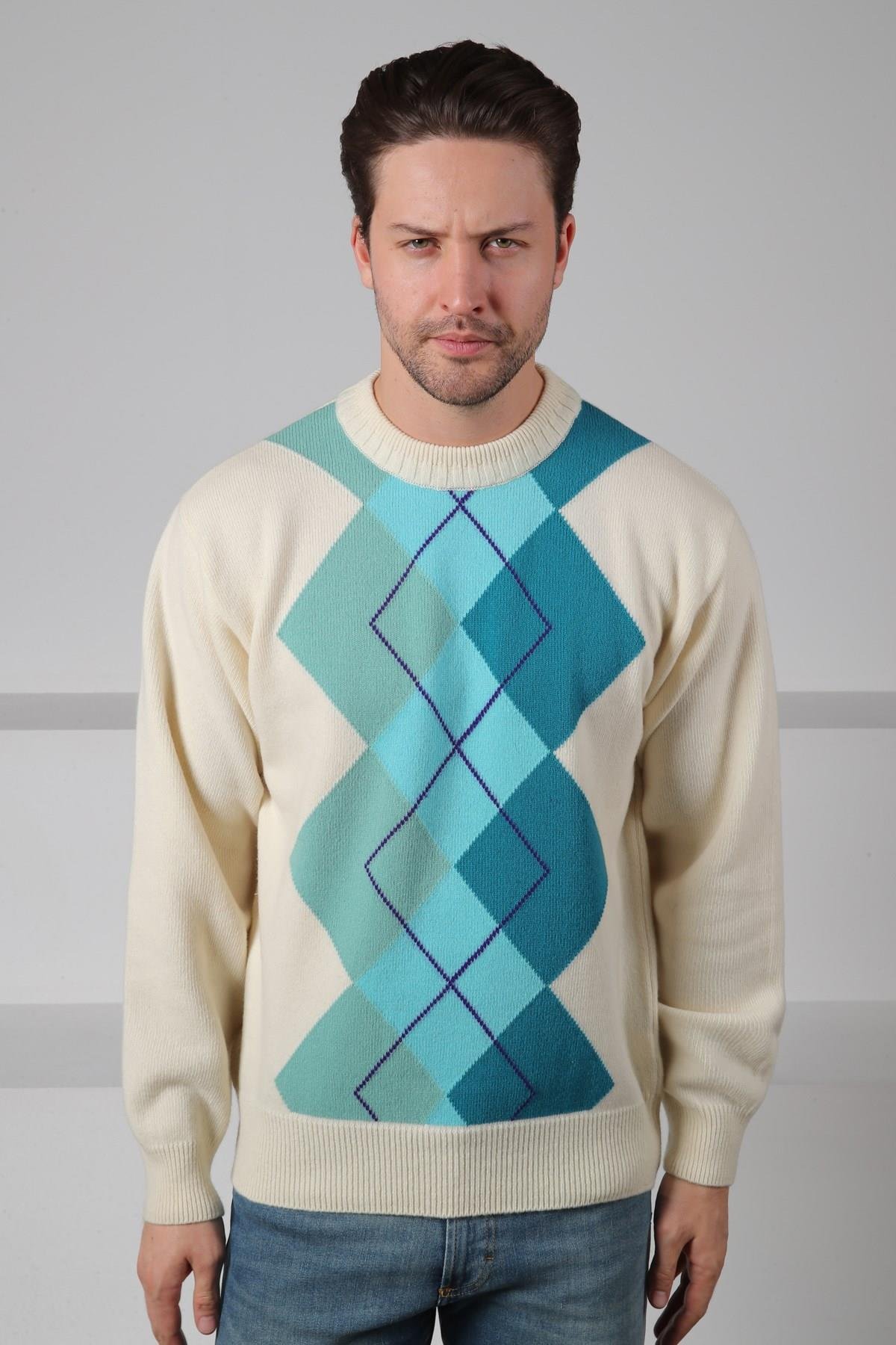 Ferraro Ekru/Turkuaz Bisiklet Yaka Geometrik Zigzag Desenli Uzun Kollu %100 Kuzu Yünü Erkek Triko Kazak