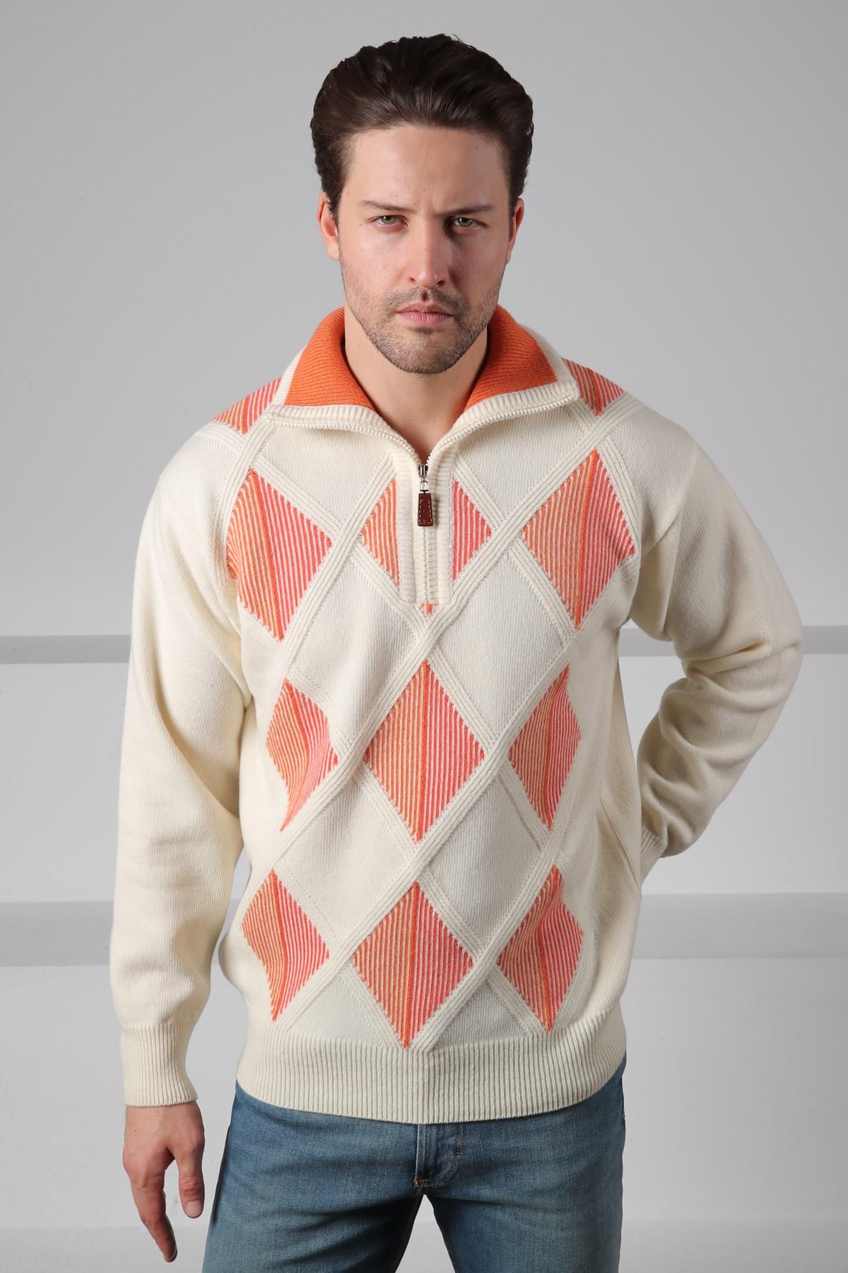 Ferraro Ekru/Turuncu Balıkçı Yaka Fermuarlı Baklava Desenli Uzun Kollu %100 Kuzu Yünü Erkek Triko Kazak