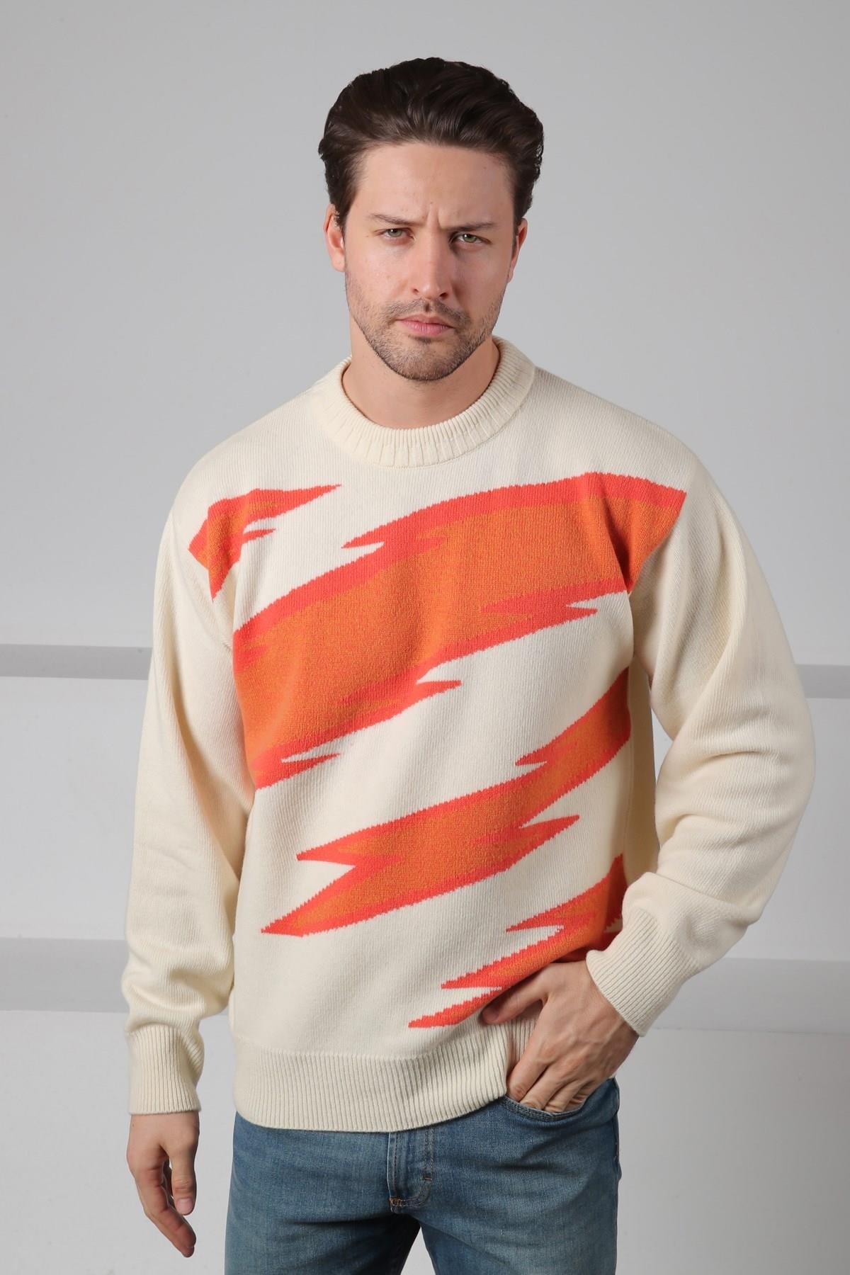 Ferraro Ekru/Turuncu Bisiklet Yaka Renk Bloklu Uzun Kollu %100 Kuzu Yünü Erkek Triko Kazak