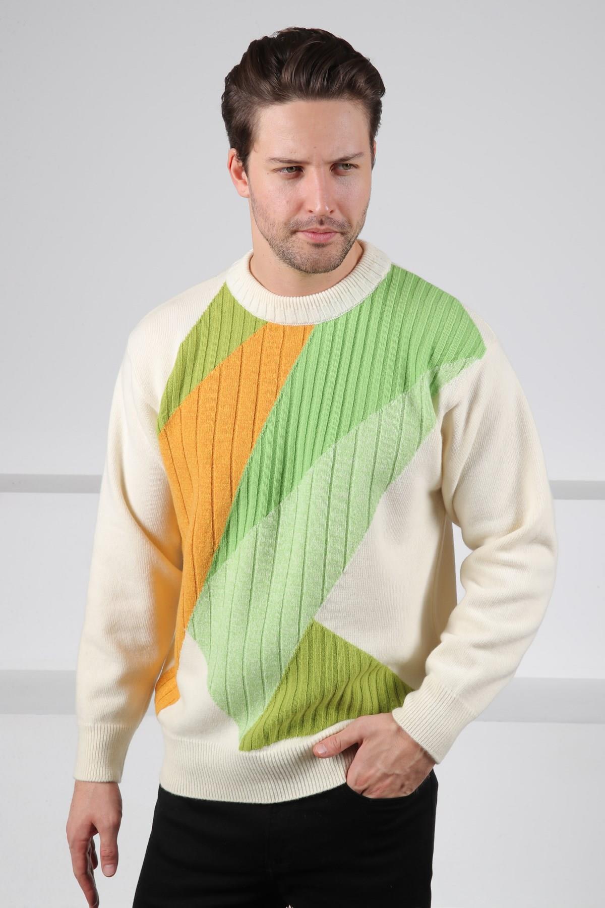 Ferraro Ekru/Yeşil Bisiklet Yaka Yeşil ve Hardal Detaylı Uzun Kollu %100 Kuzu Yünü Erkek Triko Kazak