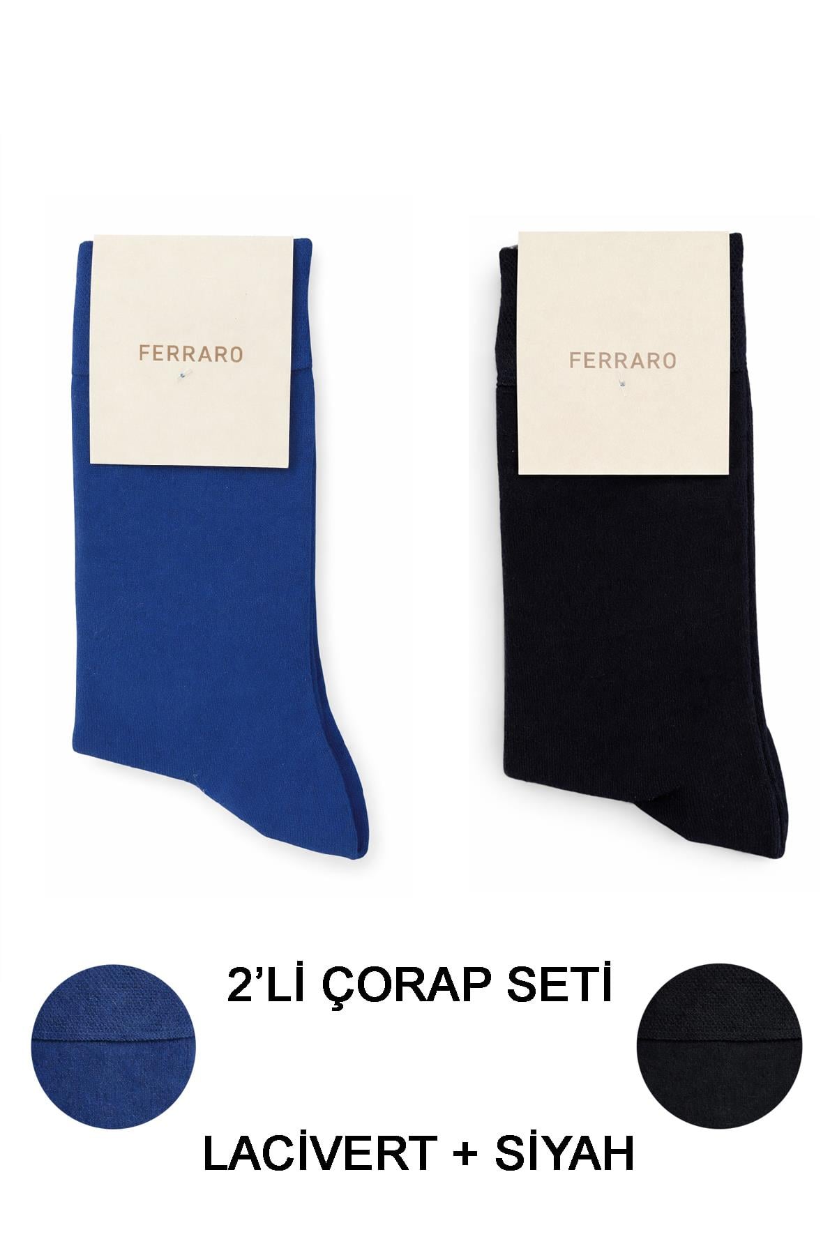 Ferraro Erkek Bambu Çorap 2'li Set Lacivert Siyah Nefes Alan Yumuşak Klasik Uzun Çorap