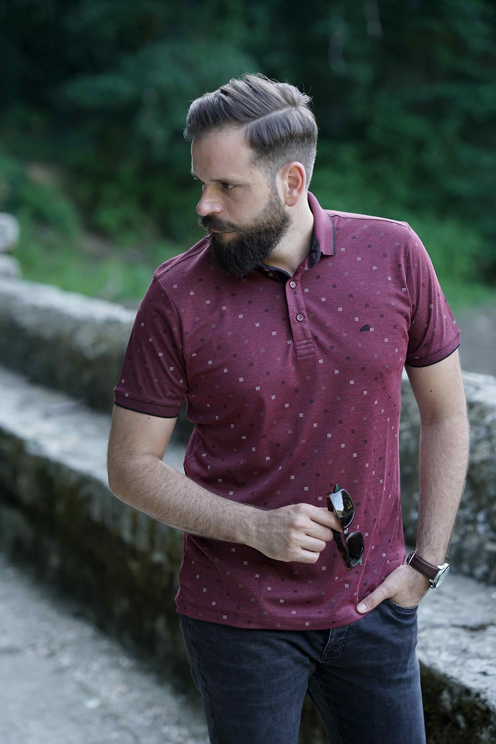 Ferraro Erkek Baskılı Triko Yaka T-Shirt - Bordo