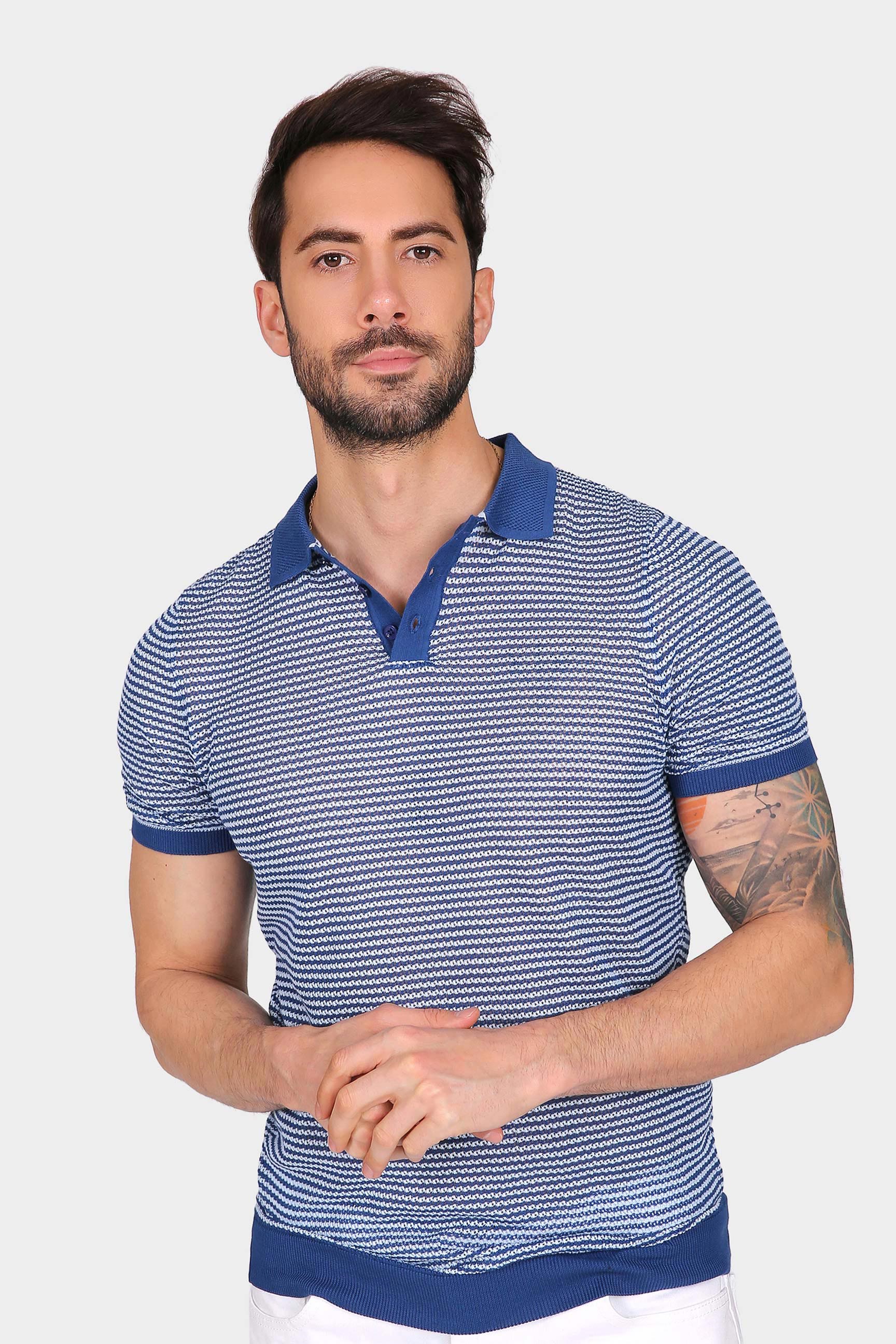 Ferraro Erkek Beyaz Çizgili Delikli Polo Yaka Düğmeli Triko T Shirt - Saks Mavi