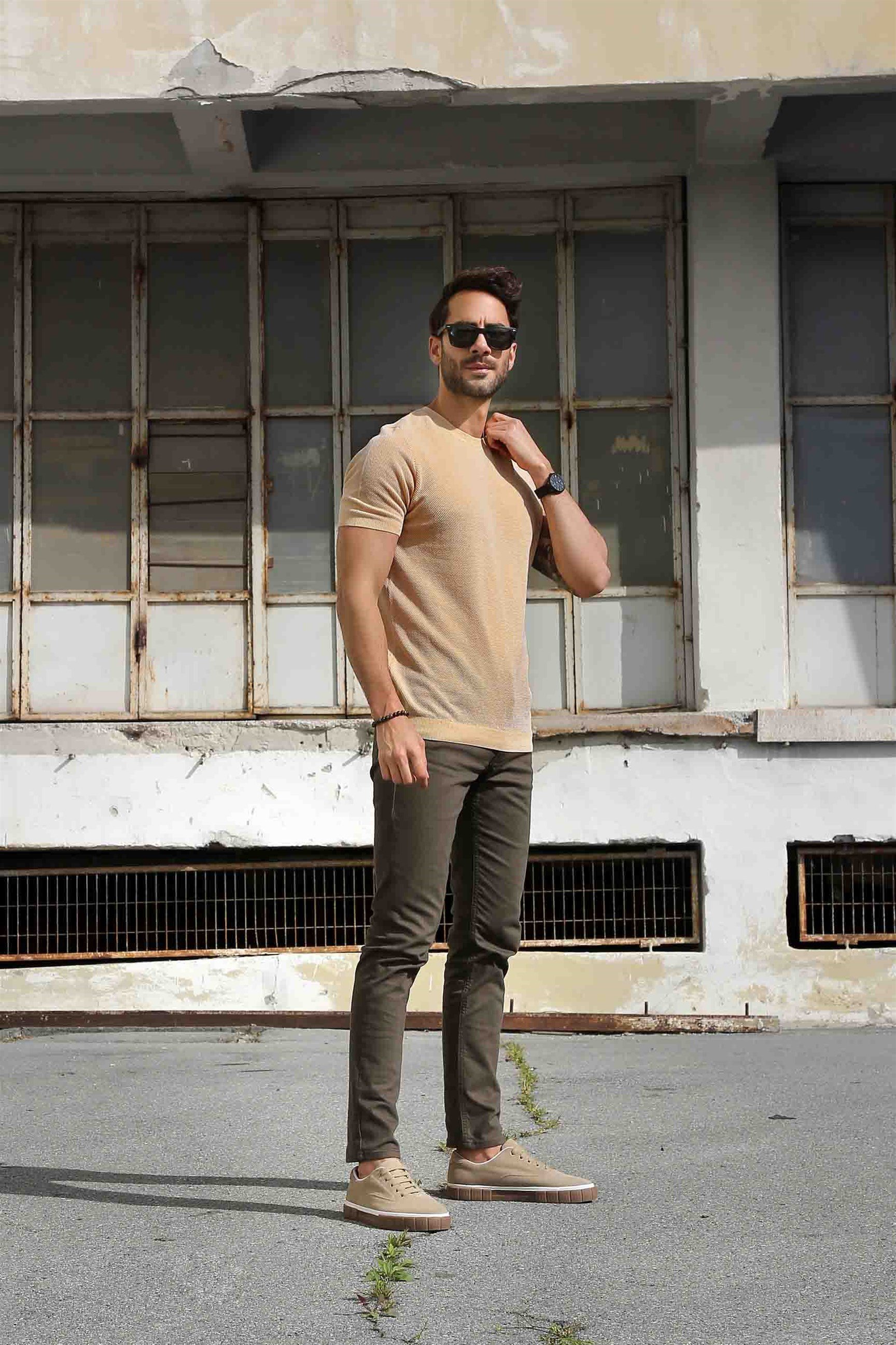 Ferraro Erkek Kuşgözü Desenli Bisiklet Yaka Triko T Shirt - Hardal