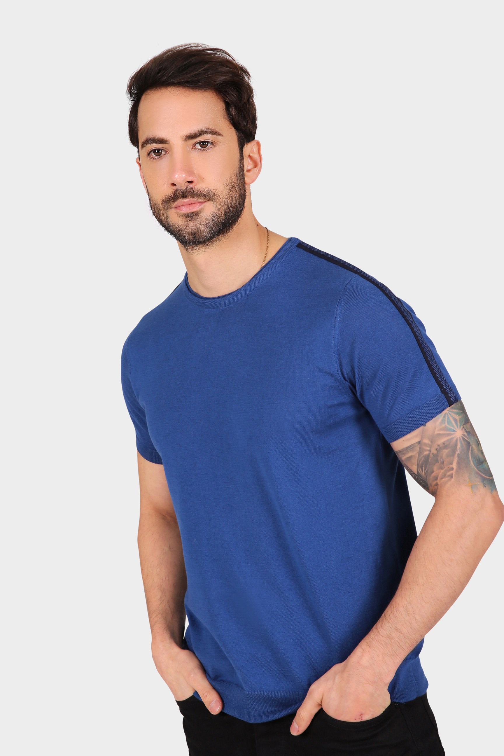Ferraro Erkek Omuzu Şeritli Bisiklet Yaka Triko T Shirt - Saks