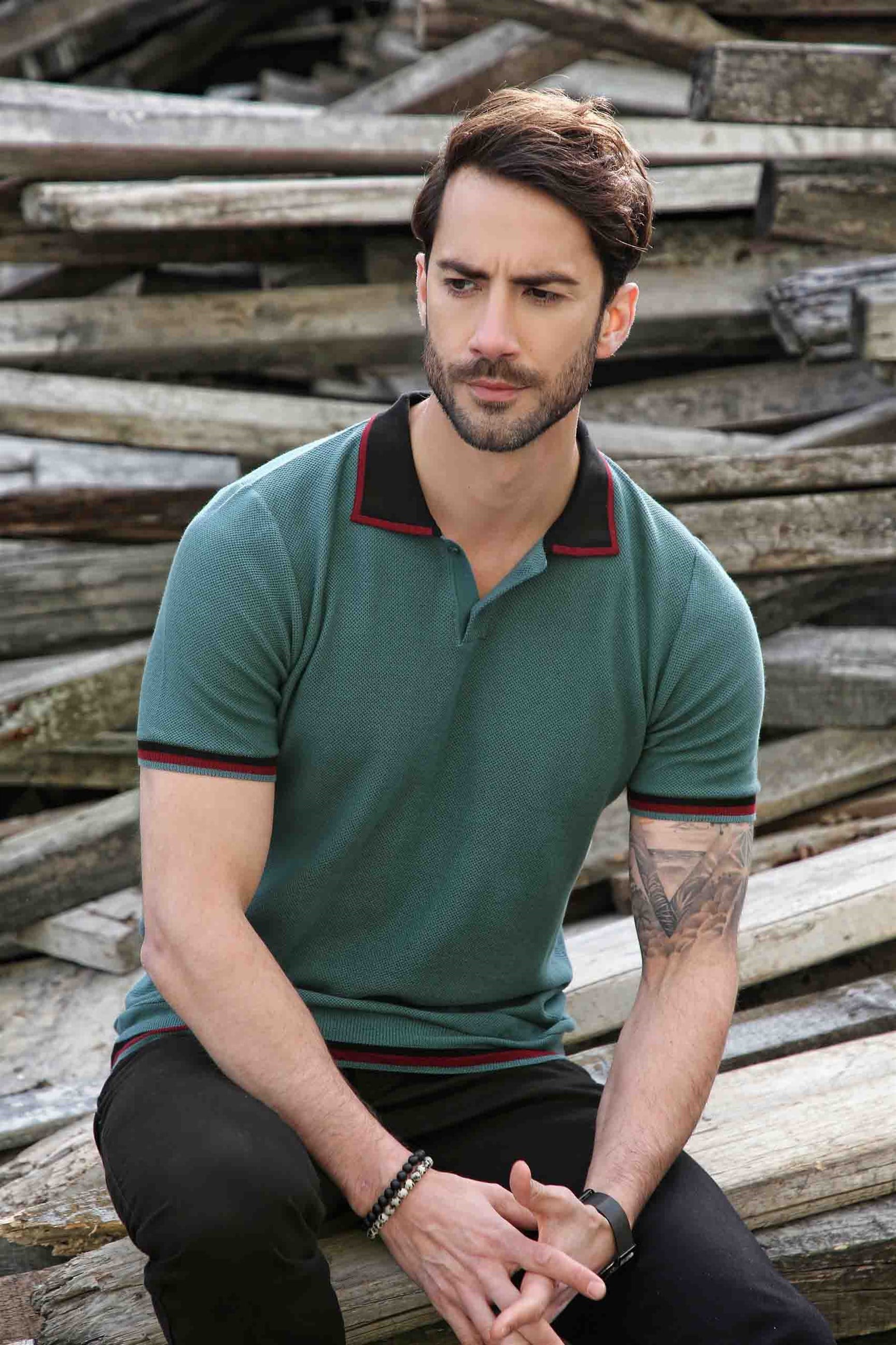 Ferraro Erkek Yaka Detaylı Pike Örgülü Polo Yaka Düğmeli Triko T Shirt - Brokoli Siyah