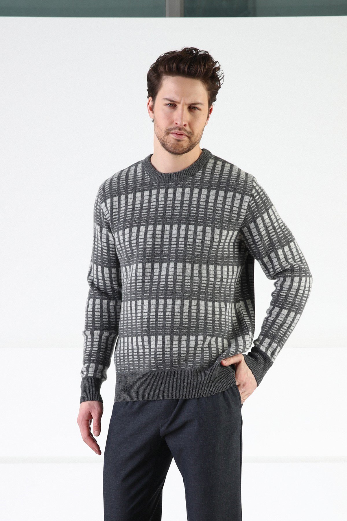 Ferraro Füme Bisiklet Yaka %100 Kuzu Yünü Erkek Kazak