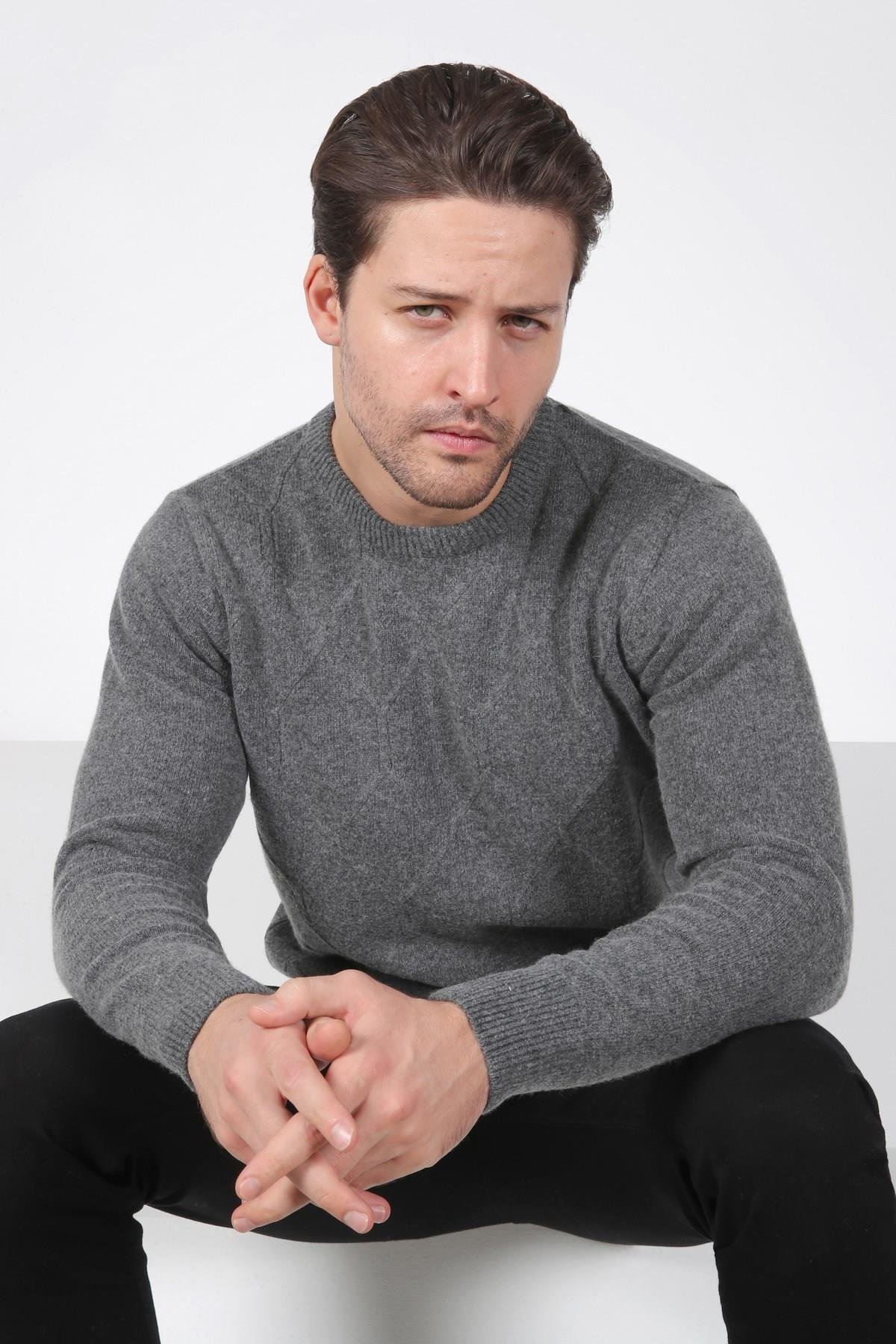 Ferraro Füme Bisiklet Yaka Kabartmalı Petek Desenli Uzun Kollu %100 Kuzu Yünü Erkek Triko Kazak