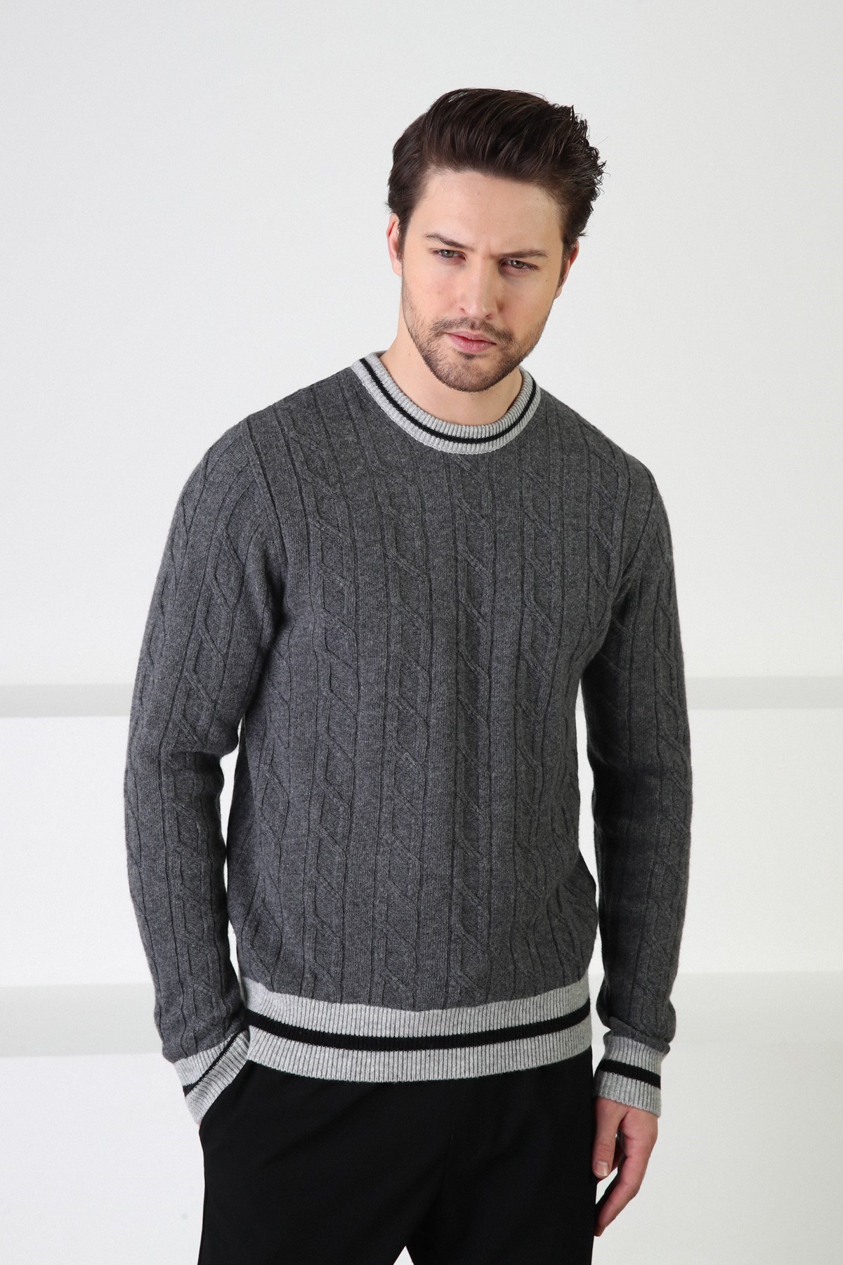 Ferraro Füme/A.Gri Bisiklet Yaka %100 Kuzu Yünü Erkek Kazak