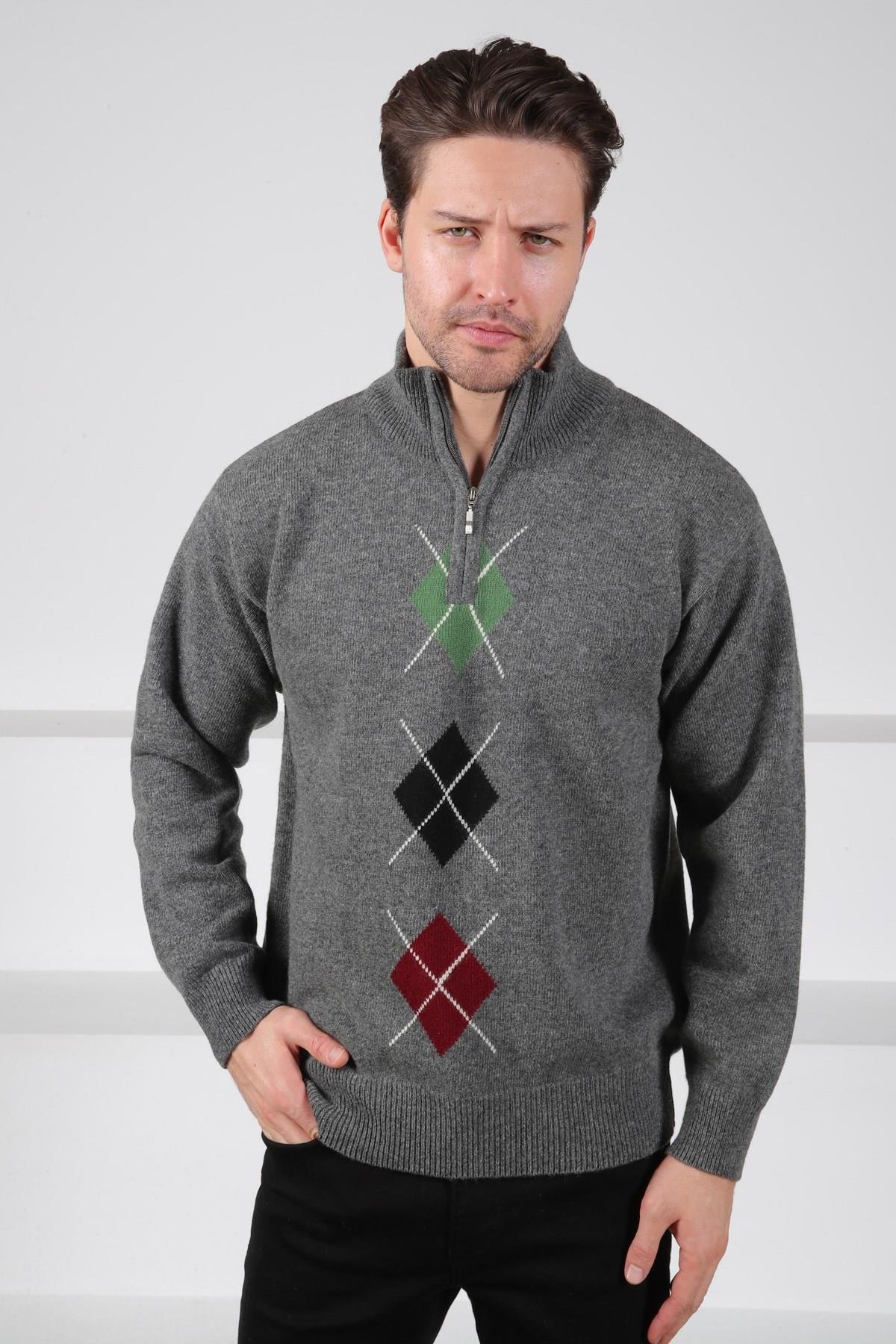 Ferraro Füme/Yeşil Balıkçı Yaka Fermuarlı Yeşil Siyah Desenli Uzun Kollu %100 Kuzu Yünü Erkek Triko Kazak