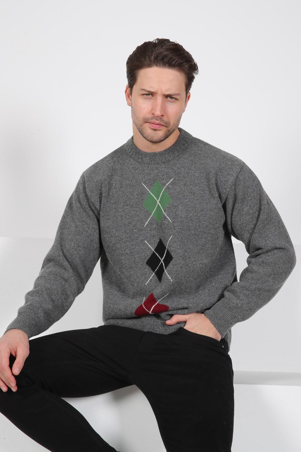 Ferraro Füme/Yeşil Bisiklet Yaka Yeşil Siyah Desenli Uzun Kollu %100 Kuzu Yünü Erkek Triko Kazak