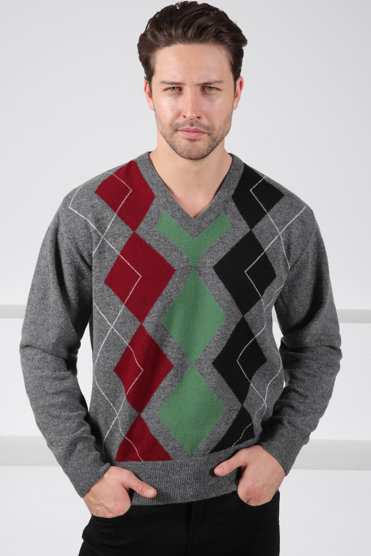 Ferraro Füme/Yeşil V Yaka Çok Tonlu Baklava Desenli Uzun Kollu %100 Kuzu Yünü Erkek Triko Kazak