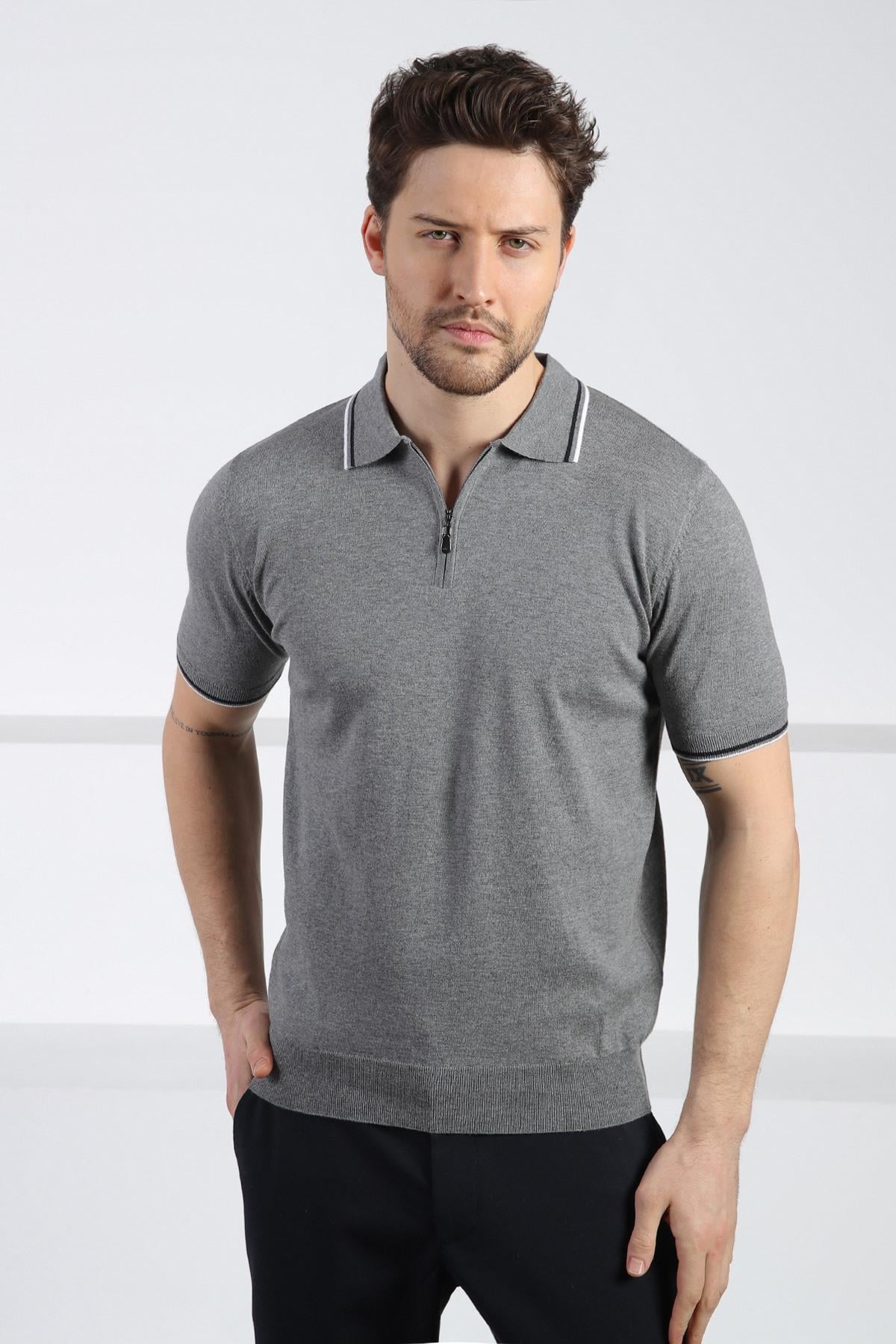 Ferraro Gri Polo Yaka Fermuarlı Erkek Pamuk Triko T-Shirt