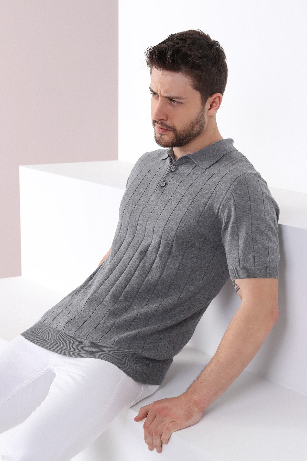 Ferraro Gri Polo Yaka Fitilli Erkek Pamuk Triko T-Shirt