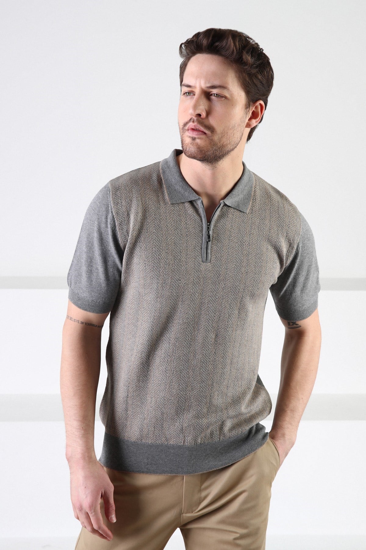 Ferraro Gri/Camel Fermuarlı Polo Yaka %100 Pamuk Erkek Triko T-Shirt