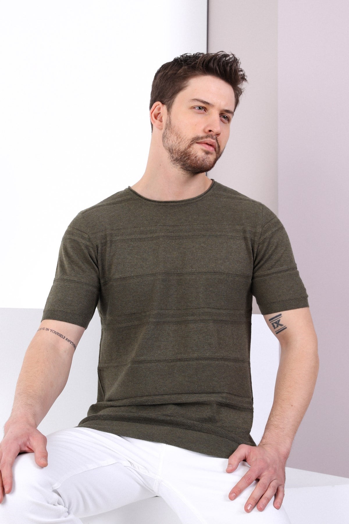Ferraro Haki Bisiklet Yaka Erkek Pamuk Triko T-Shirt