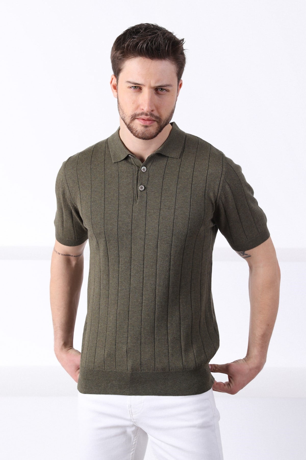 Ferraro Haki Polo Yaka Fitilli Erkek Pamuk Triko T-Shirt