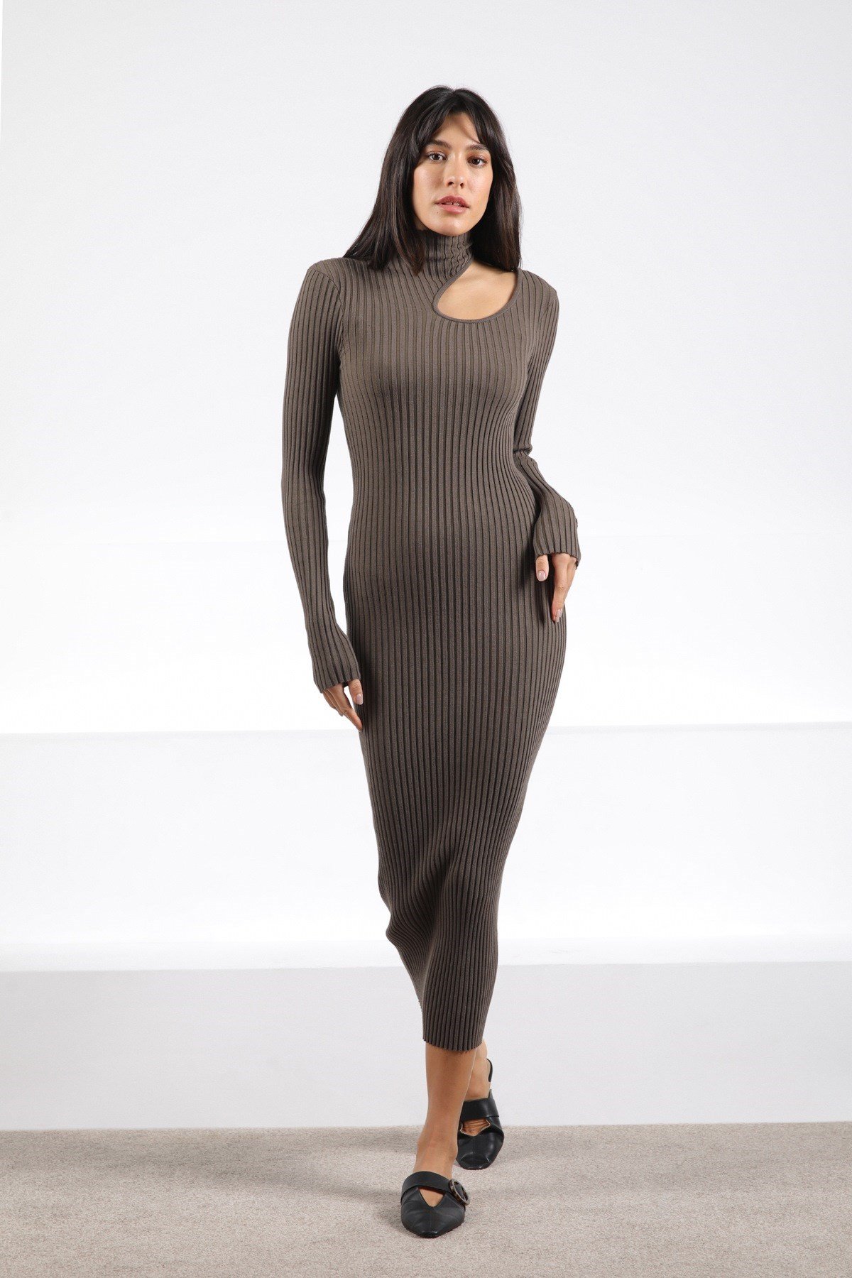 Ferraro Haki Uzun Kollu Kadın Triko Elbise