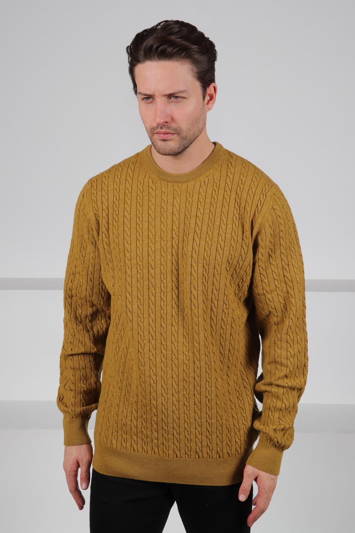 Ferraro Hardal Bisiklet Yaka Kabartmalı Saç Örgü Desenli Uzun Kollu %100 Kuzu Yünü Erkek Triko Kazak