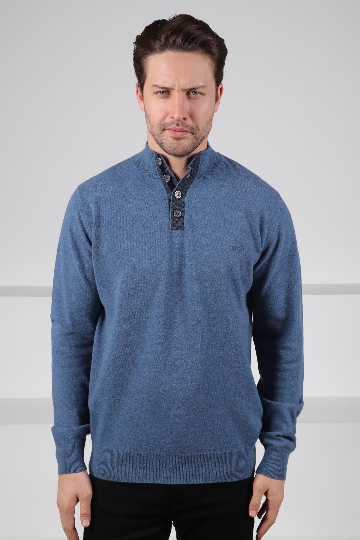 Ferraro İndigo Düğmeli Yarım Balıkçı Yaka Uzun Kollu %100 Kuzu Yünü Erkek Triko Kazak