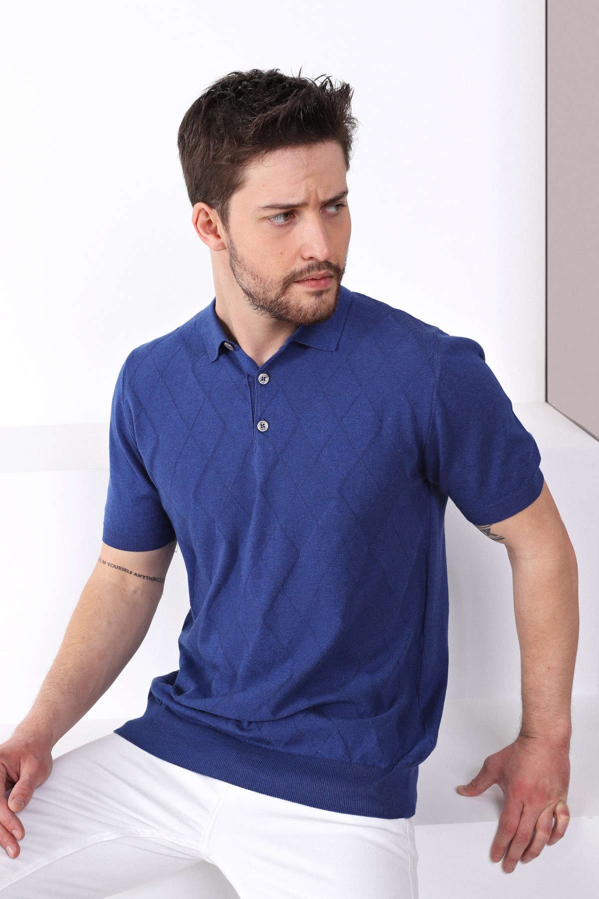 Ferraro İndigo Polo Yaka Baklava Desen Erkek Pamuk Triko T-Shirt
