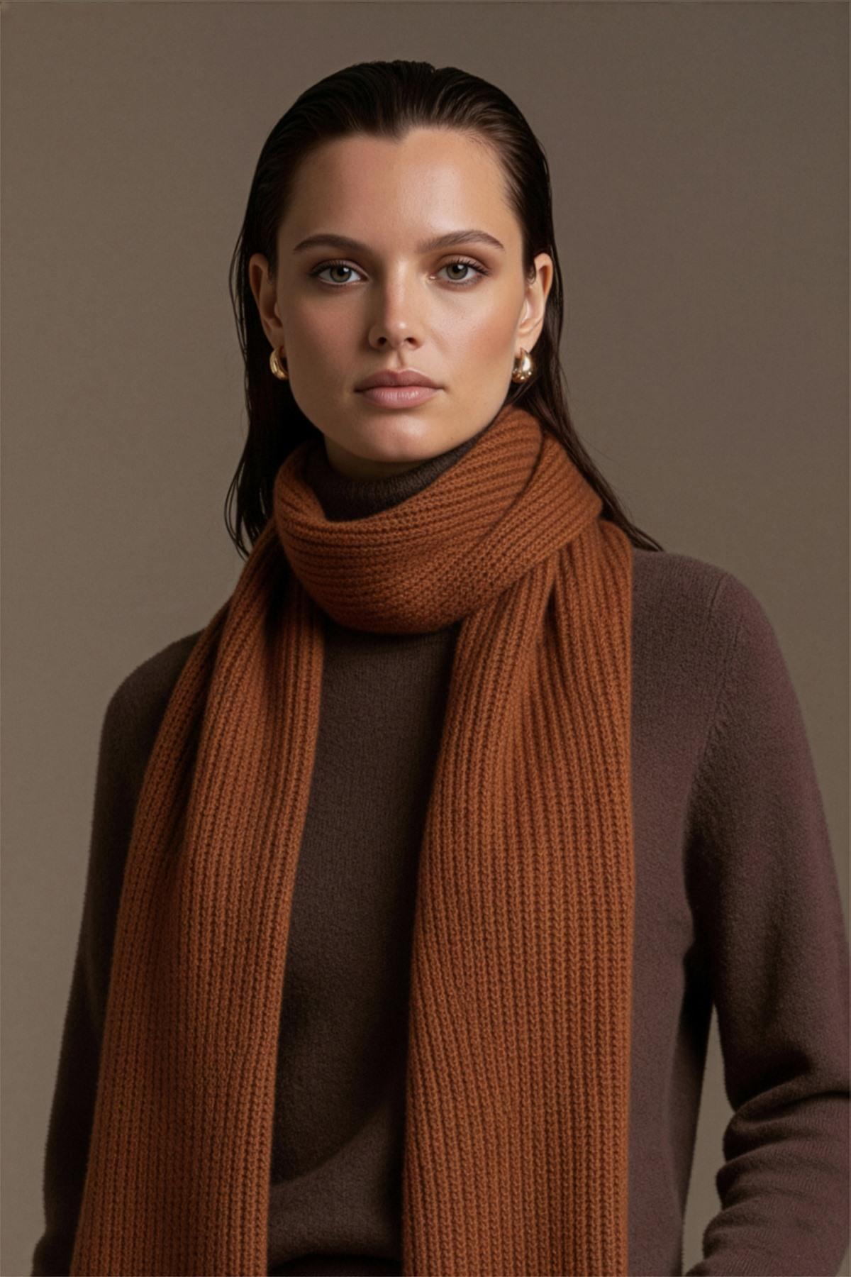 Ferraro Kahve %100 Kuzu Yünü Yumuşak Dokulu Kadın Triko Atkı