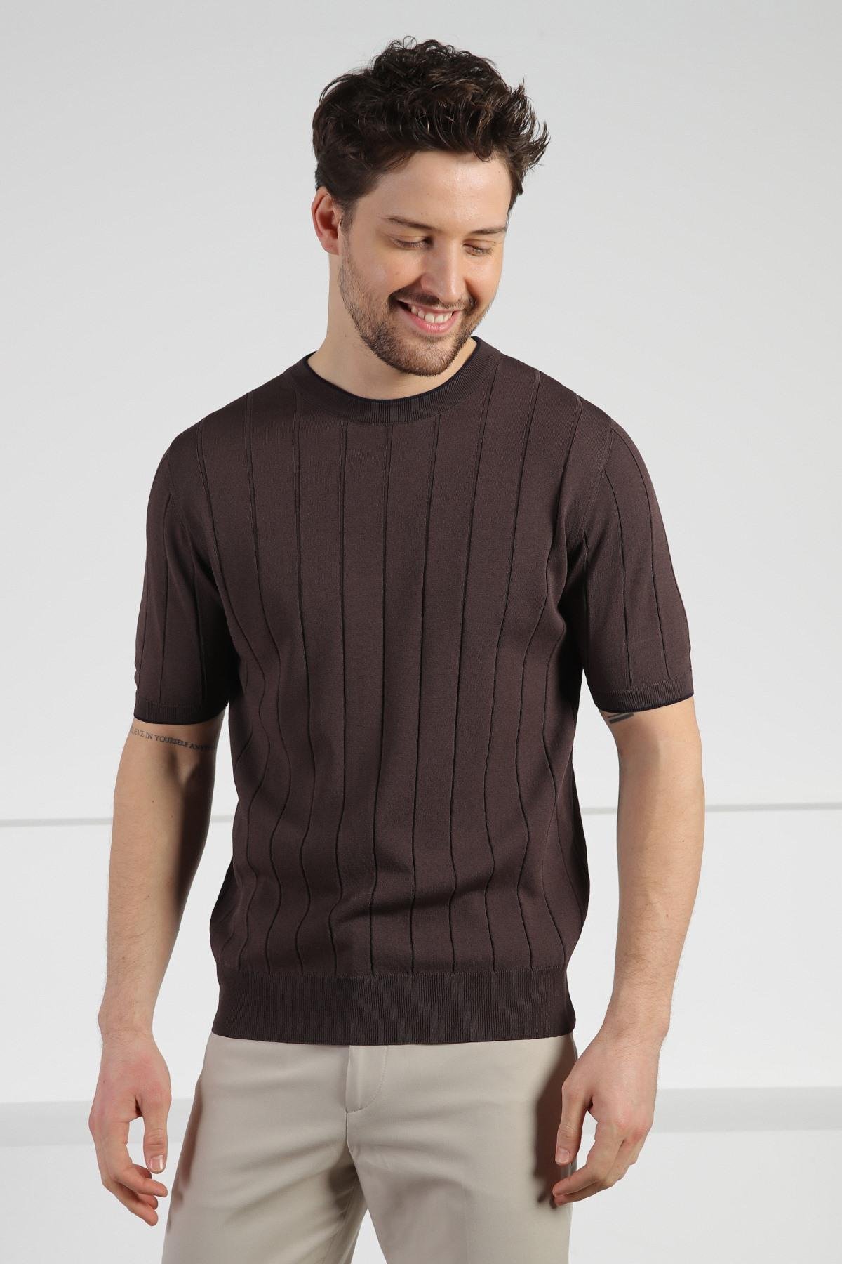 Ferraro Kahve Bisiklet Yaka Erkek Rayon Triko T-Shirt