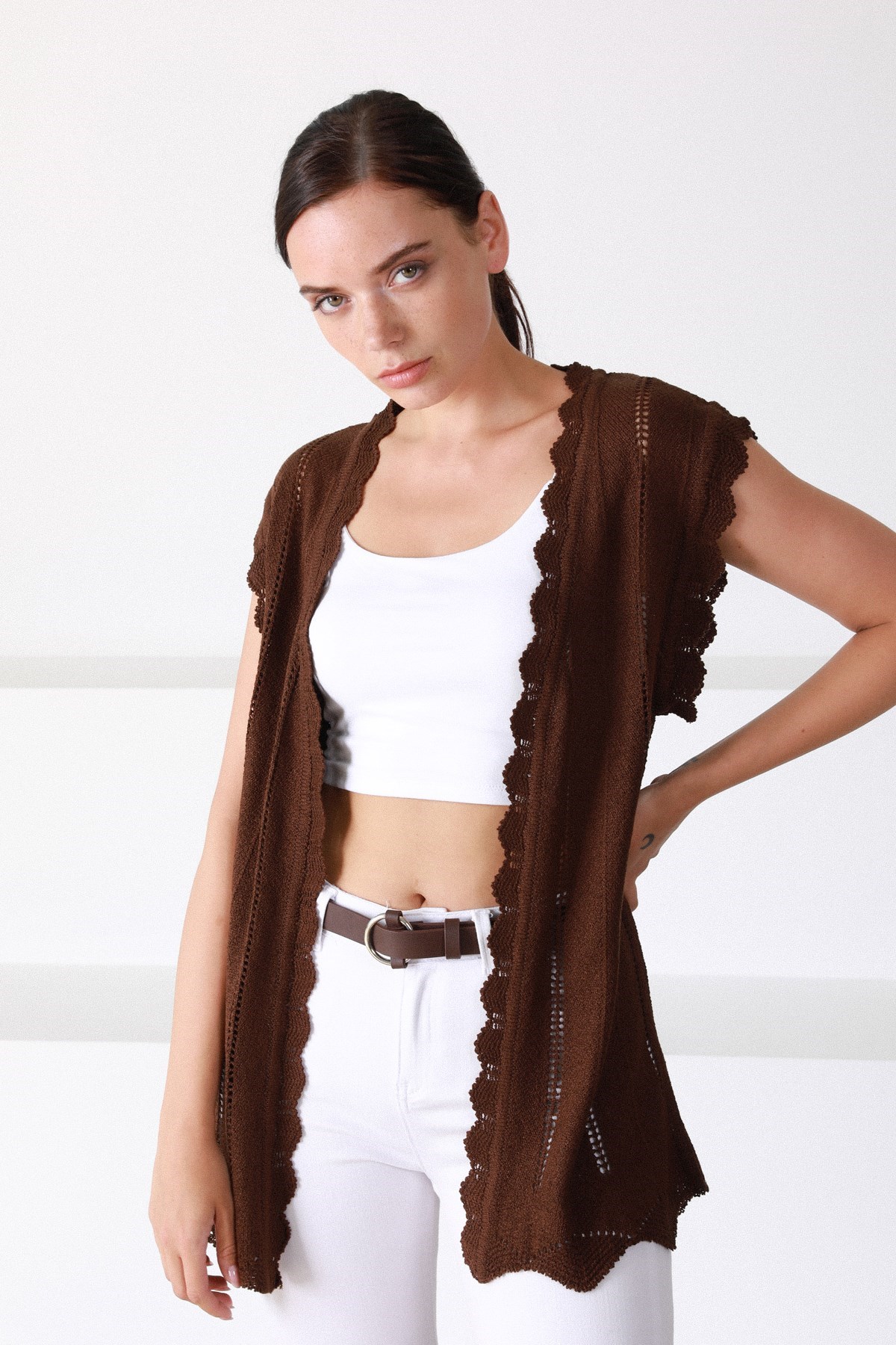 Ferraro Kahve Dantel Detaylı Uzun Kadın Triko Hırka