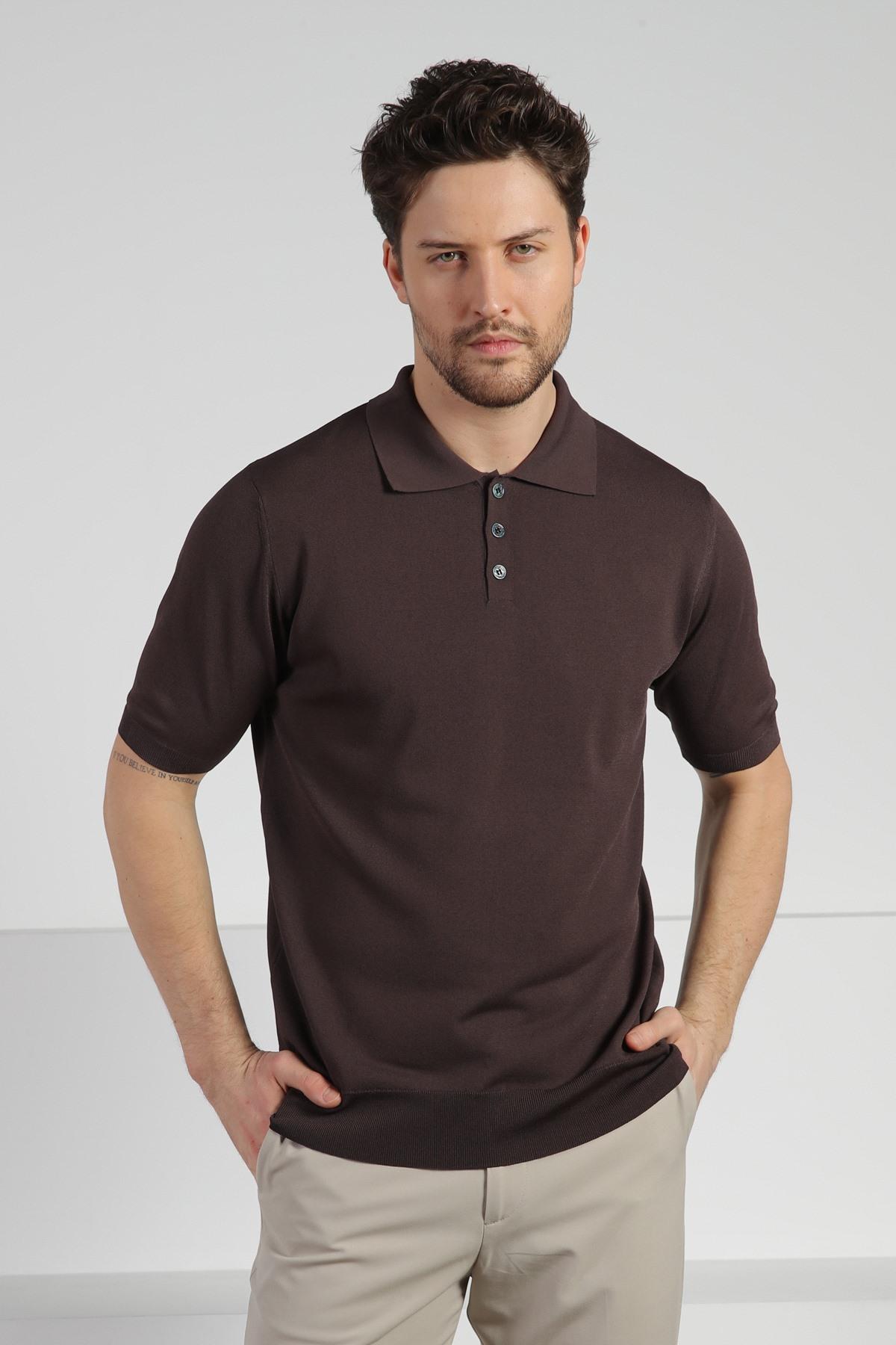 Ferraro Kahve Düğmeli Polo Yaka Erkek Rayon Triko T-Shirt